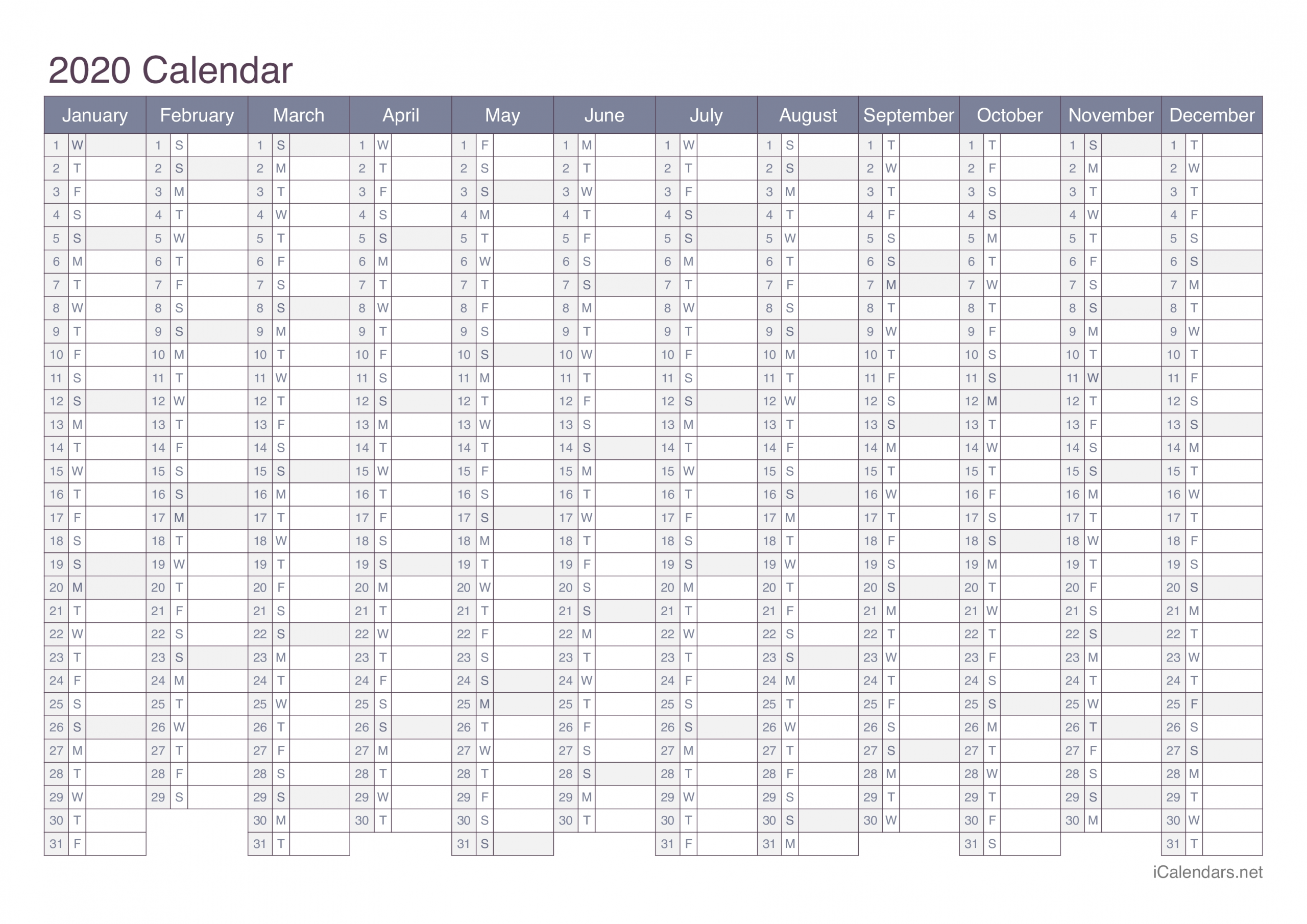 2020 Printable Calendar - Pdf Or Excel - Icalendars