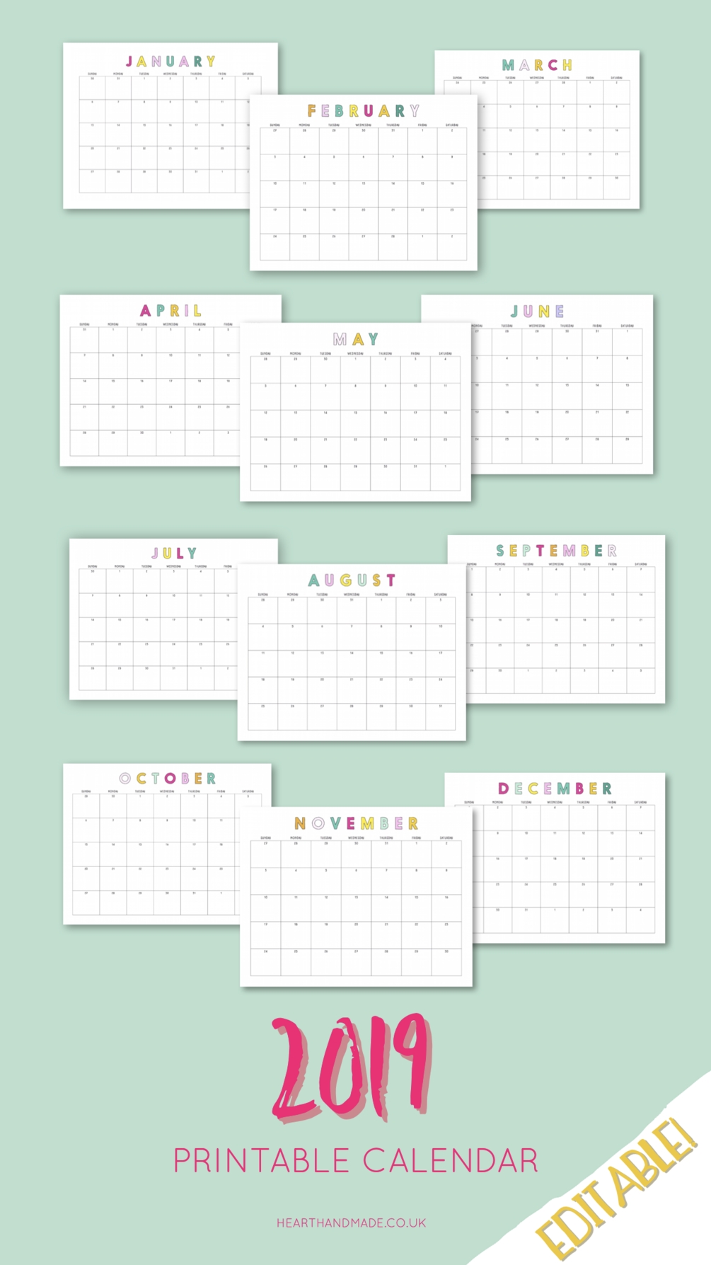 2020 Rainbow Editable Calendar | Planner Printables Free