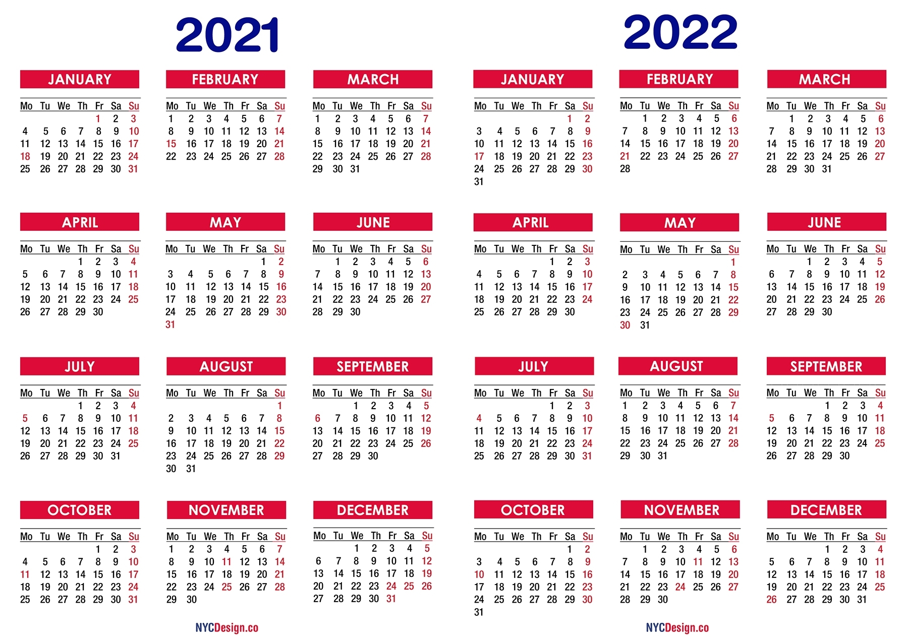 2021 – 2022 Two Year Calendar With Holidays, Printable Free
