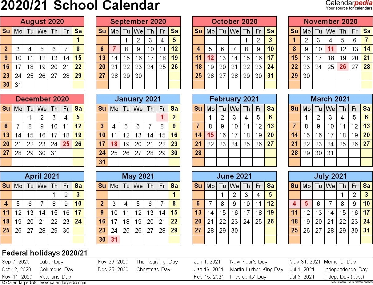 2021 And 2020 School Calendar Printable Free For Class