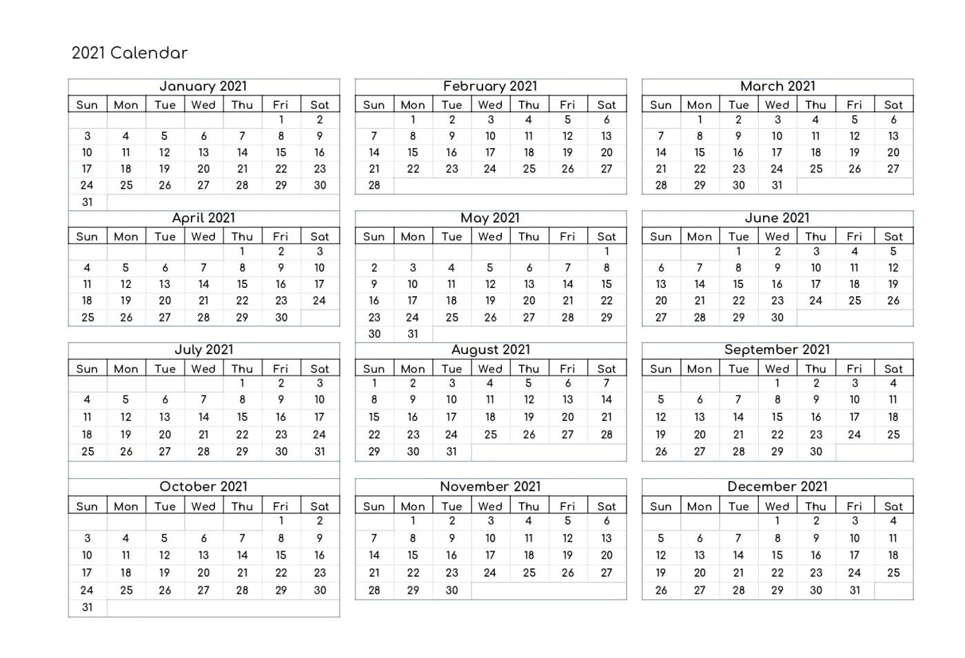 2021 Calendar Excel | Google Sheet Blank Template - Calendar Edu