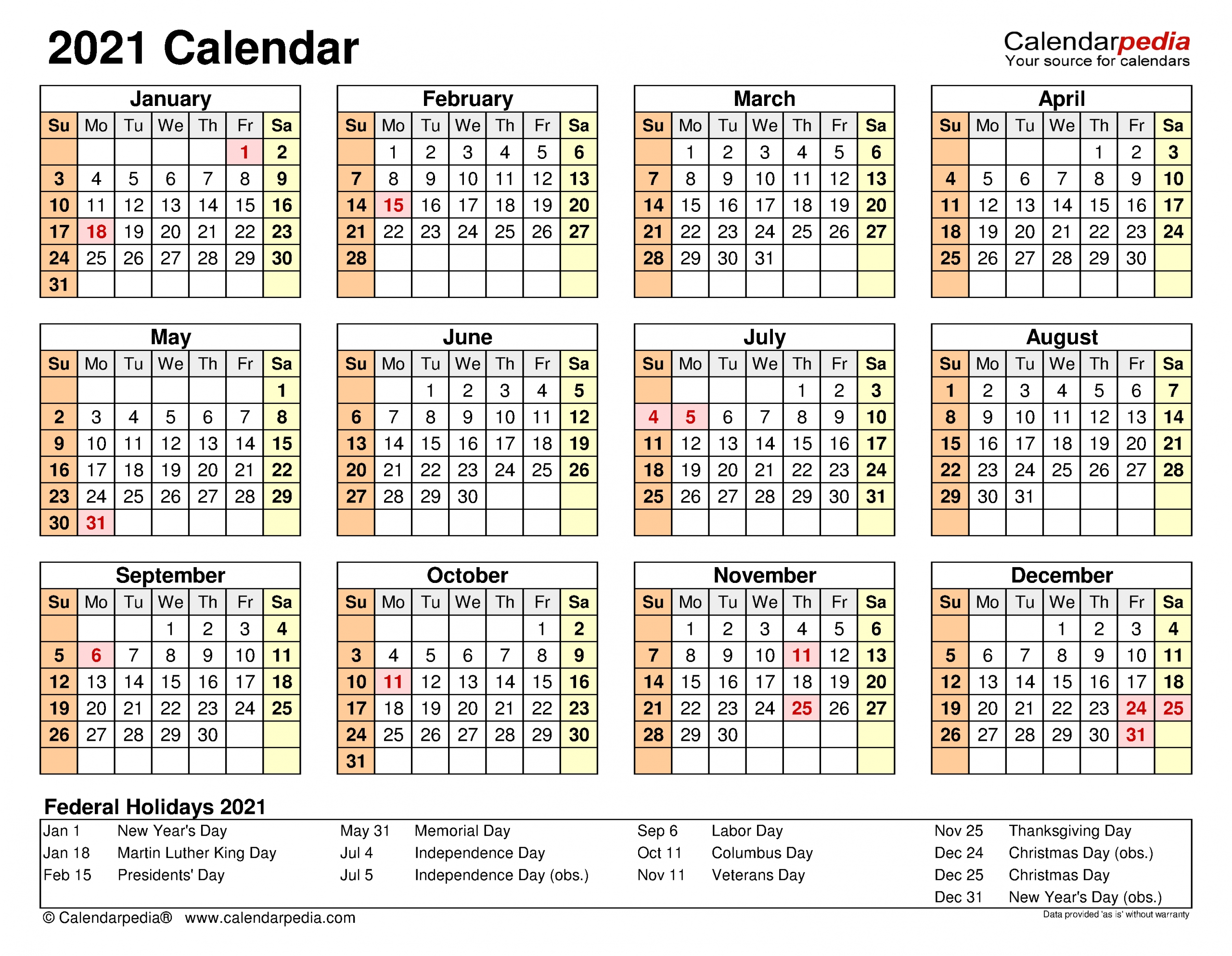 2021 Calendar - Free Printable Pdf Templates - Calendarpedia