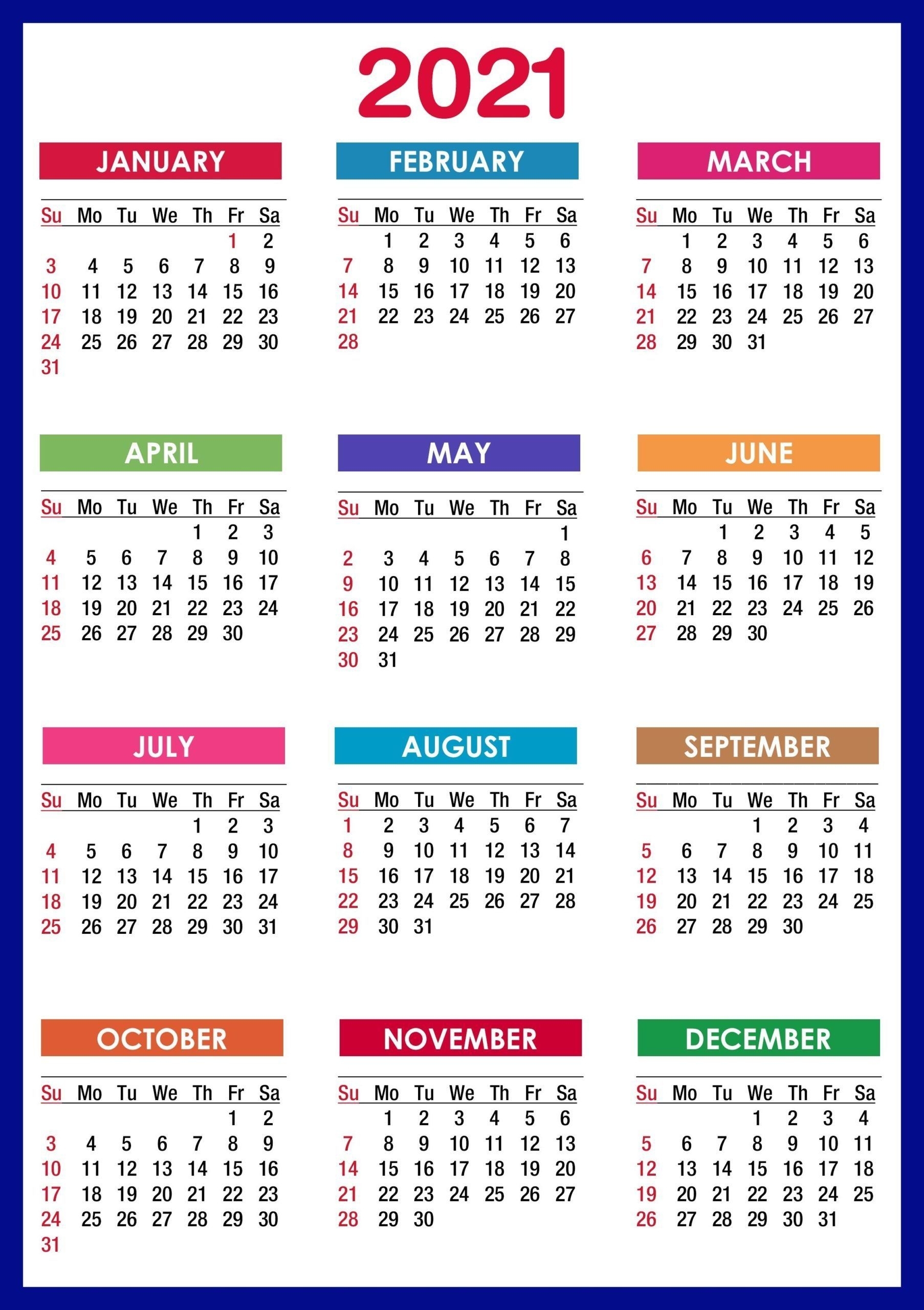 2021 Calendar Printable | 12 Months All In One | Calendar
