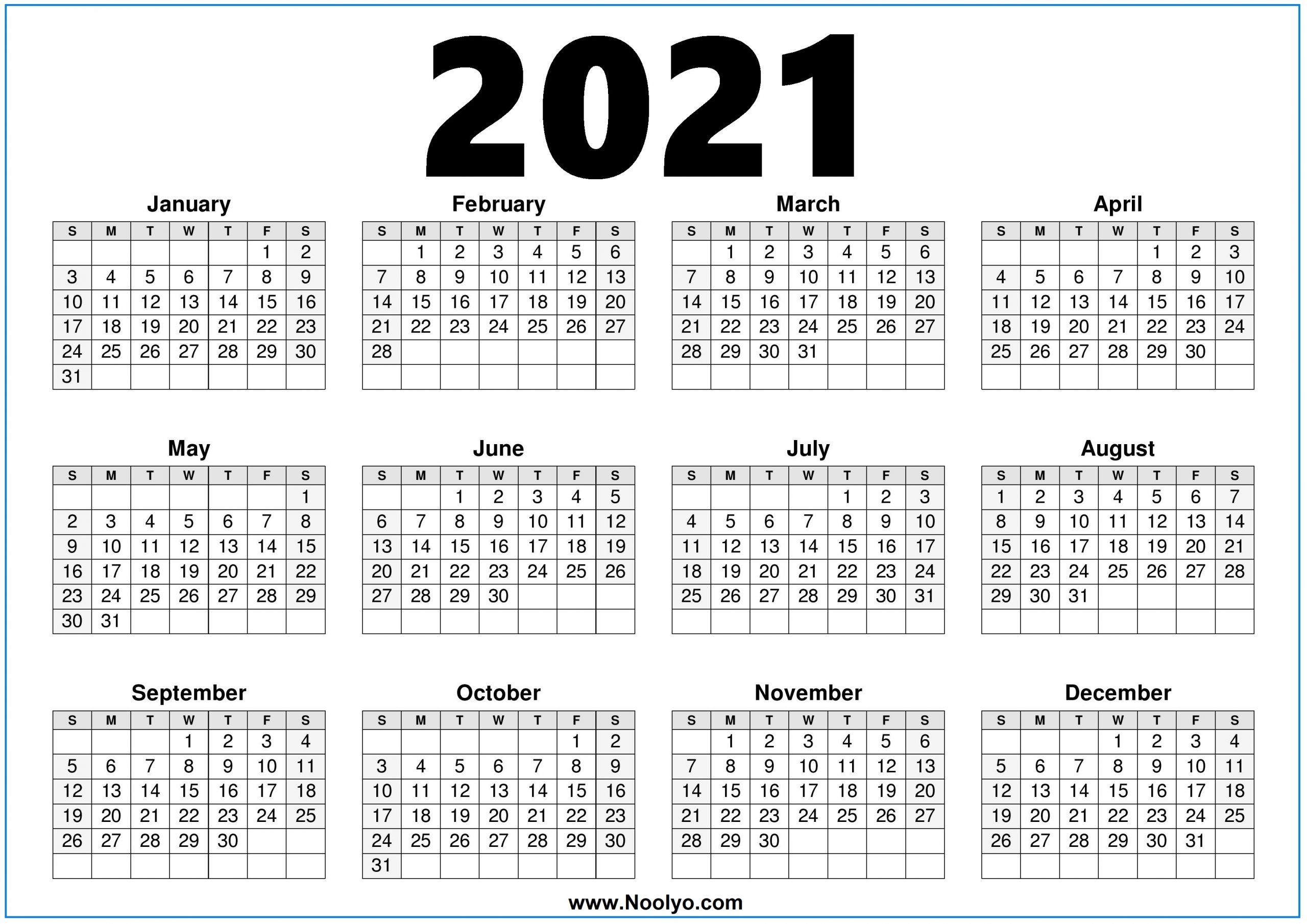 2021 Calendar Printable Free One Page – Noolyo