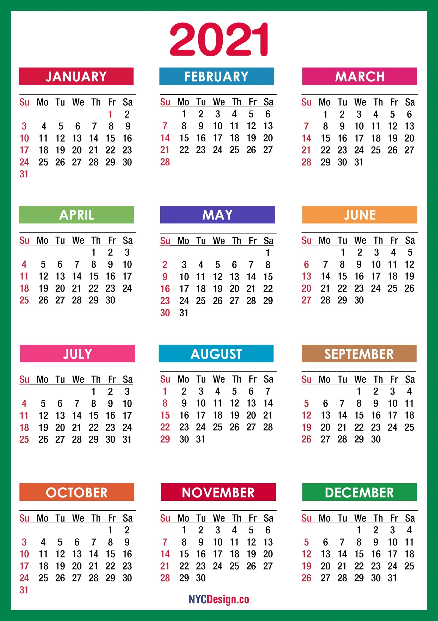 2021 Calendar Printable Free, Pdf, Colorful, Blue, Green