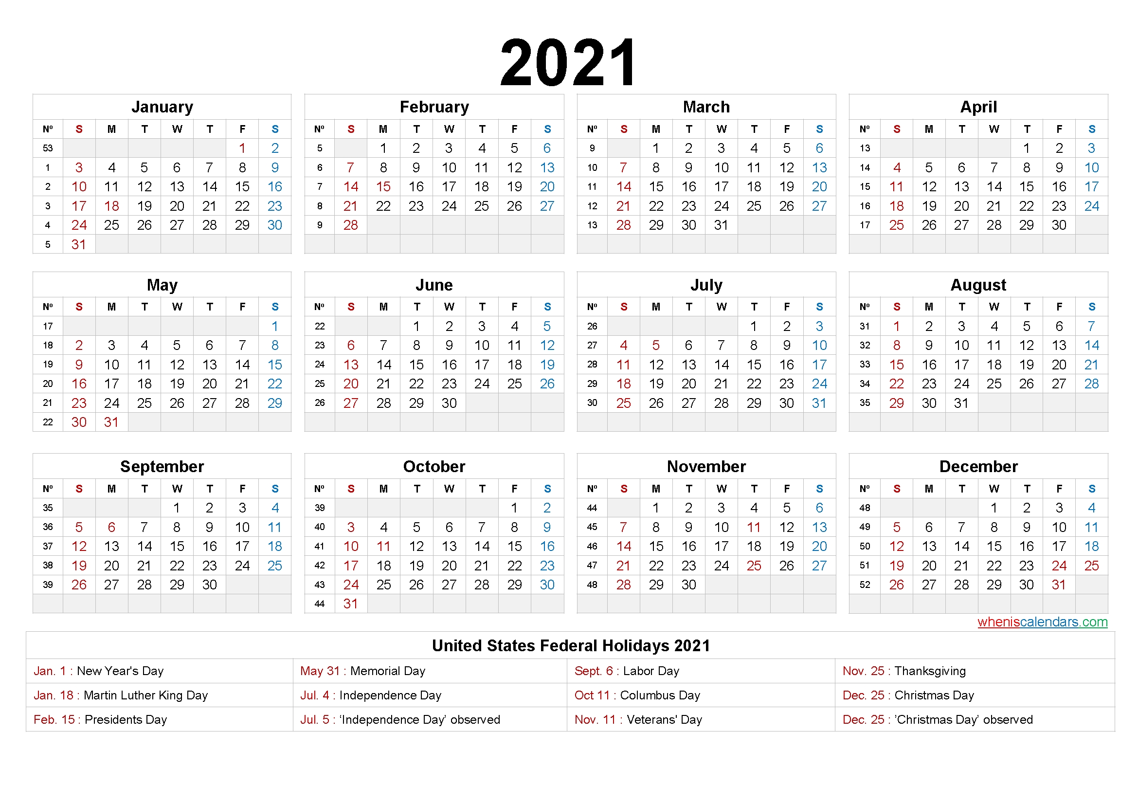 2021 Calendar Printable One Page – 6 Templates – Free 2020