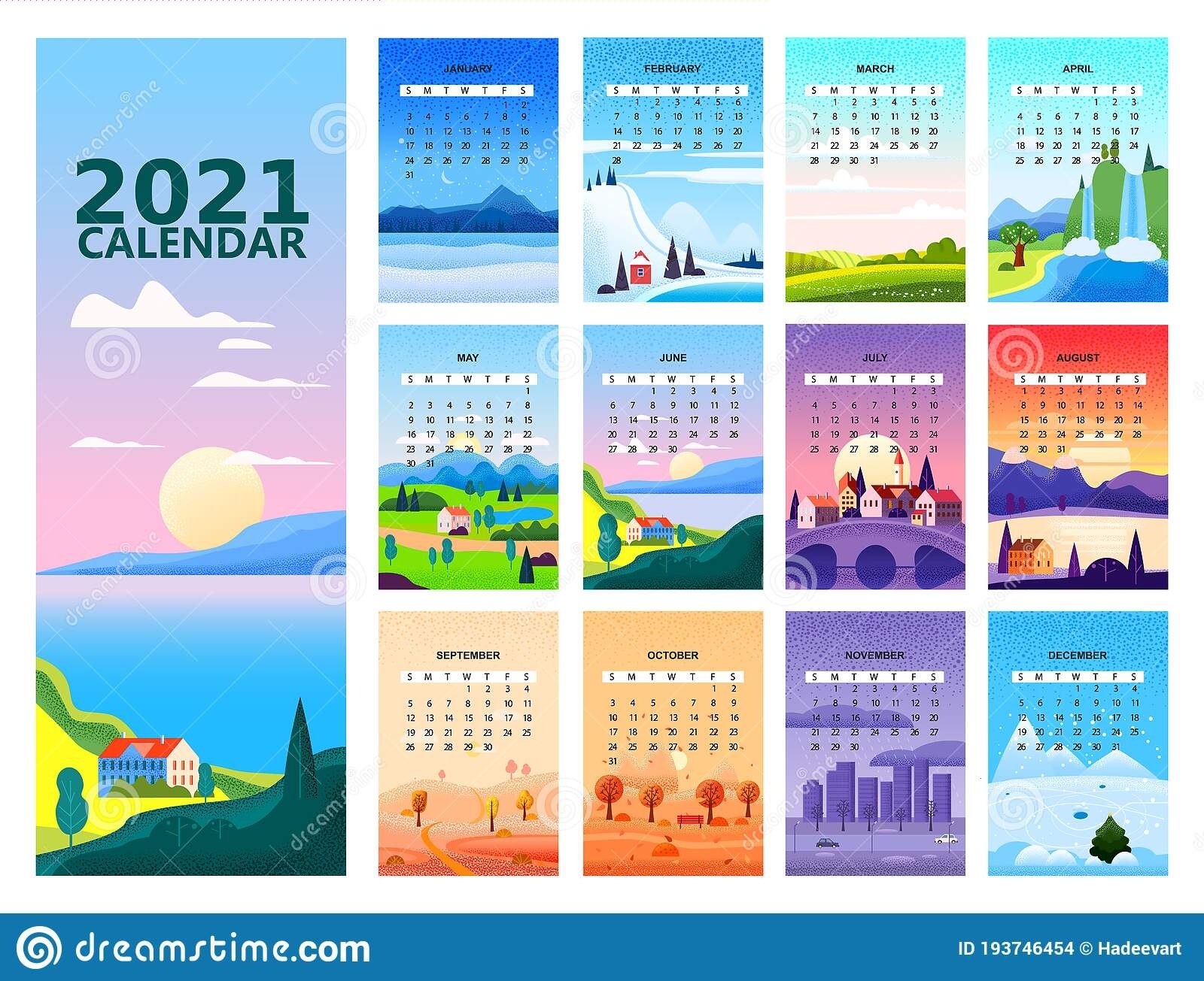 2021 Calendar Set Minimalistic Landscape Natural Backgrounds