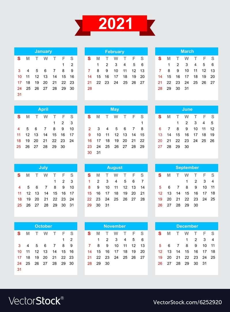 2021 Calendar Week Start Sunday Royalty Free Vector Image