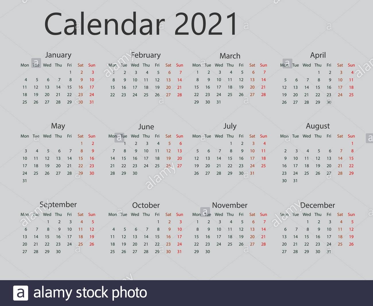 2021 Calendar, Week Starts Monday. Vector Illustration, Flat