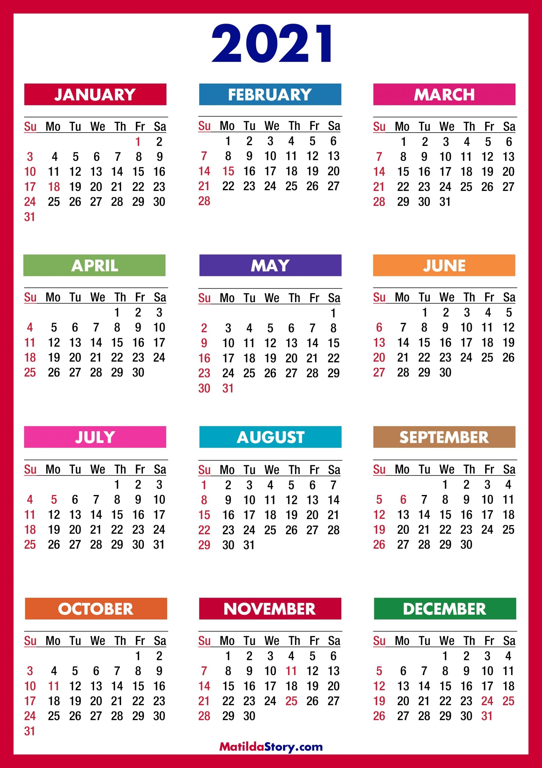 2021 Calendar With Holidays, Printable Free, Colorful, Red