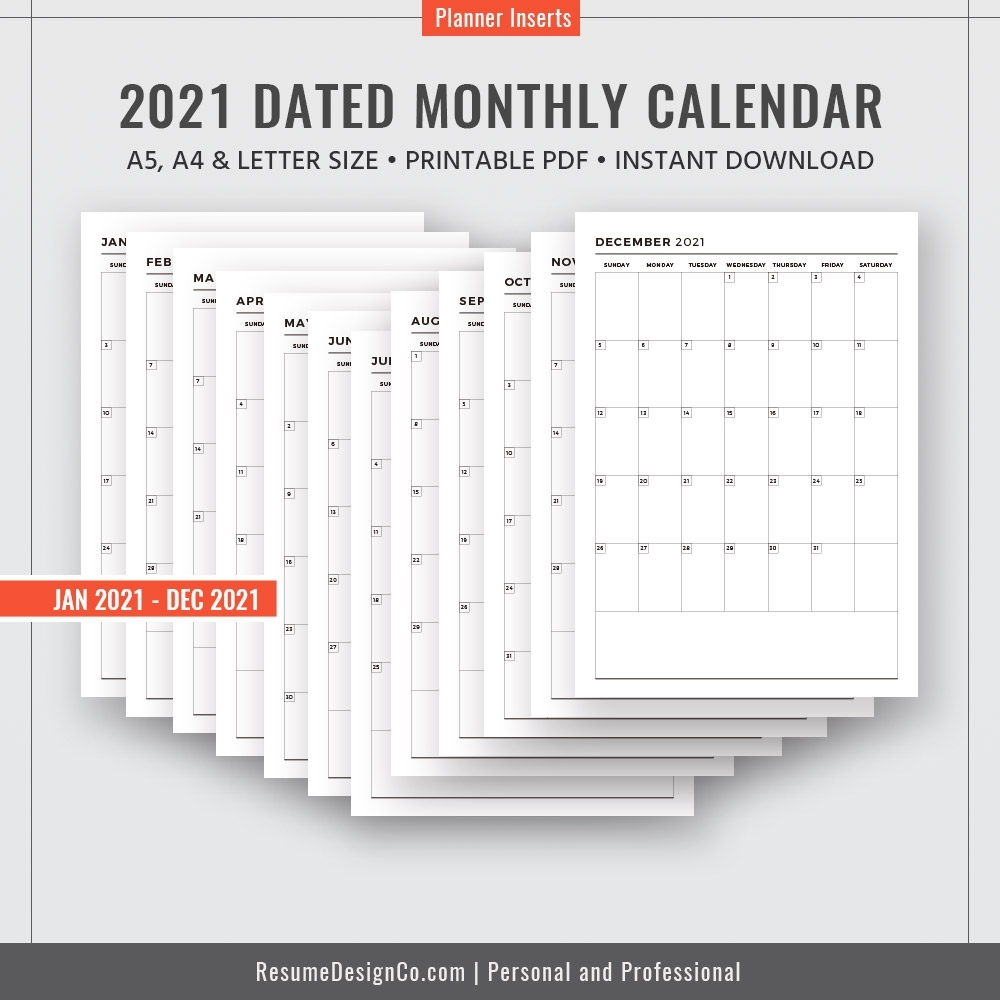 2021 Dated Monthly Calendar, 12 Months, Monthly Planner, Calendar 2020, A4,  A5, Letter Size, Filofax A5, Printable Planner Inserts, Instant Download