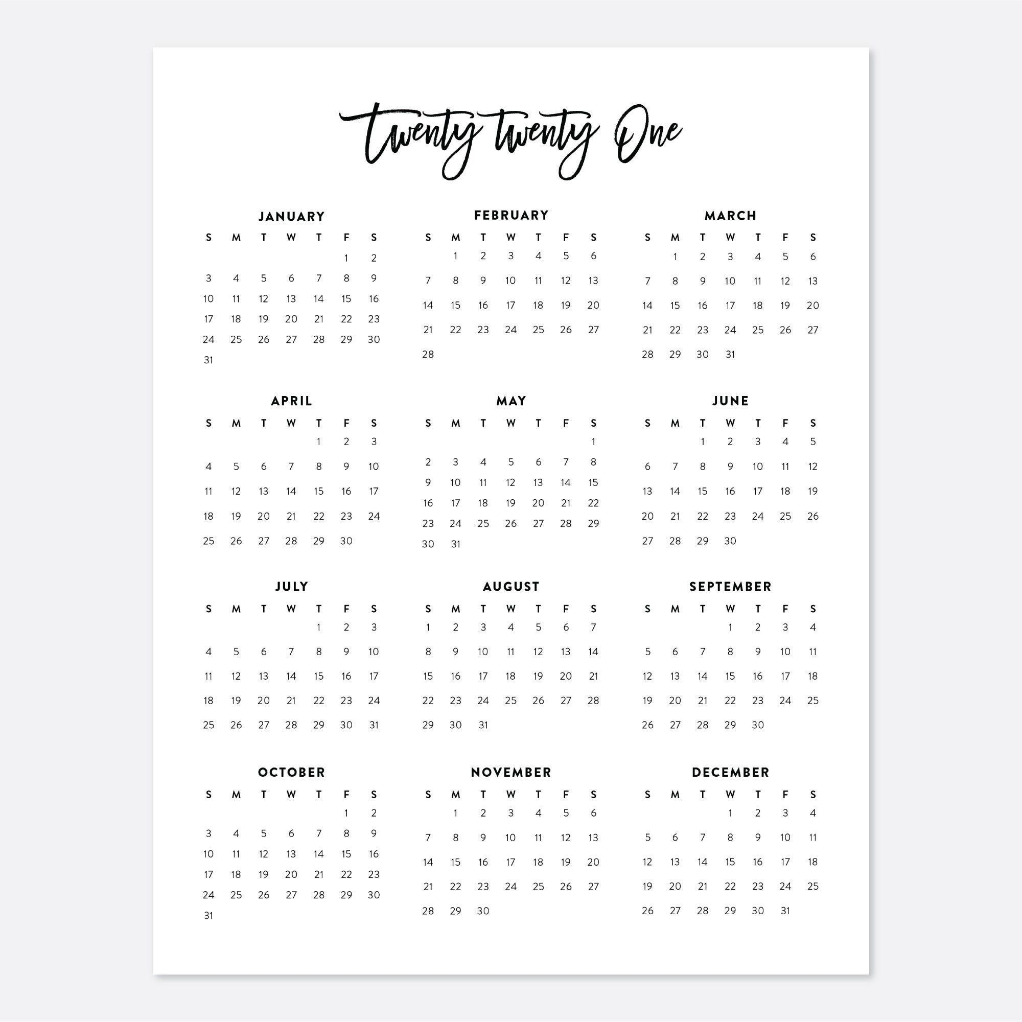12 Month Free Printable Yearly Calendar 2021 2021 Calendar Printable