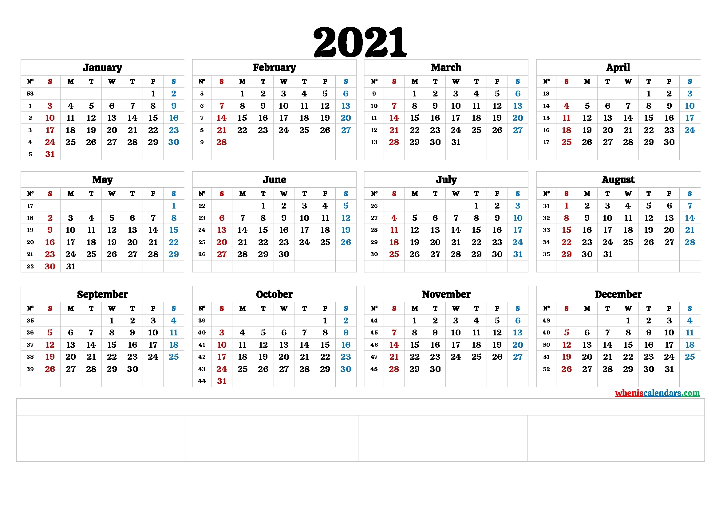 2021 Free Printable Yearly Calendar With Week Numbers