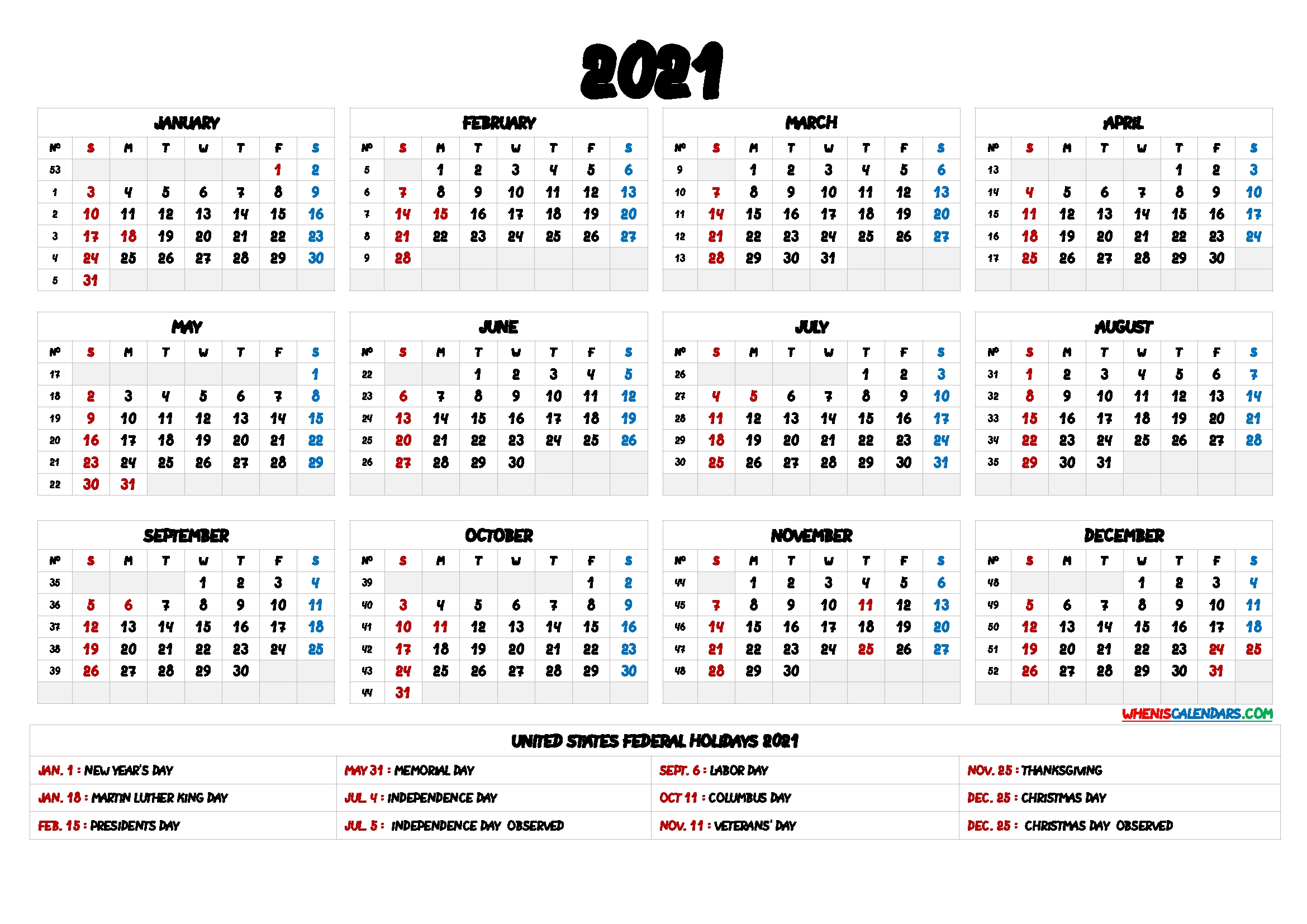 2021 One Page Calendar Printable – 9 Templates – Free 2020