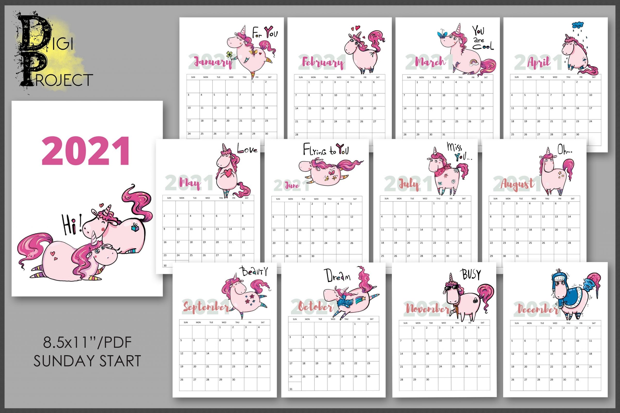 2021 Pink Unicorn Wall Calendar, Printable Watercolor