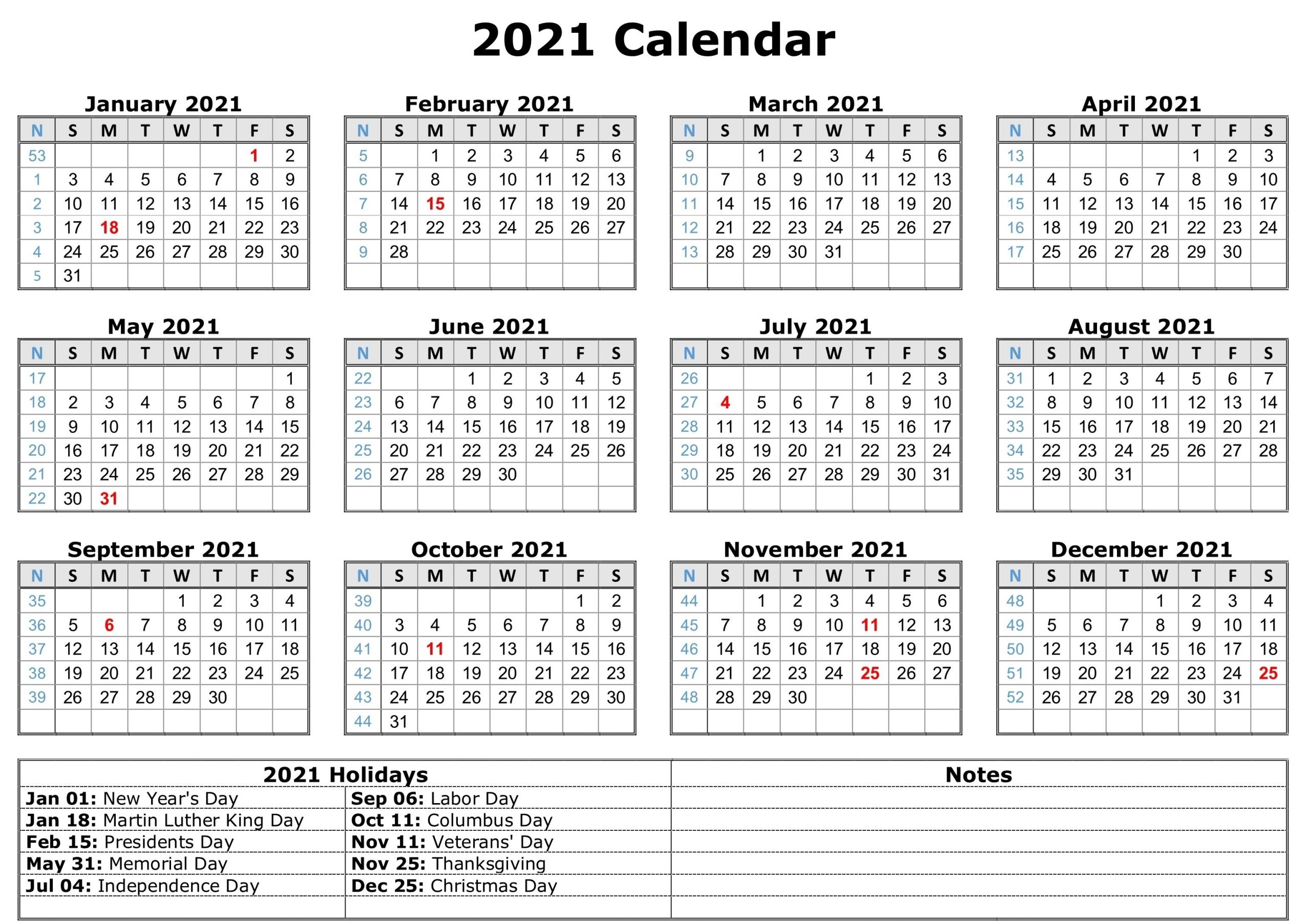 2021 Printable Calendar With Holidays | Free Printable