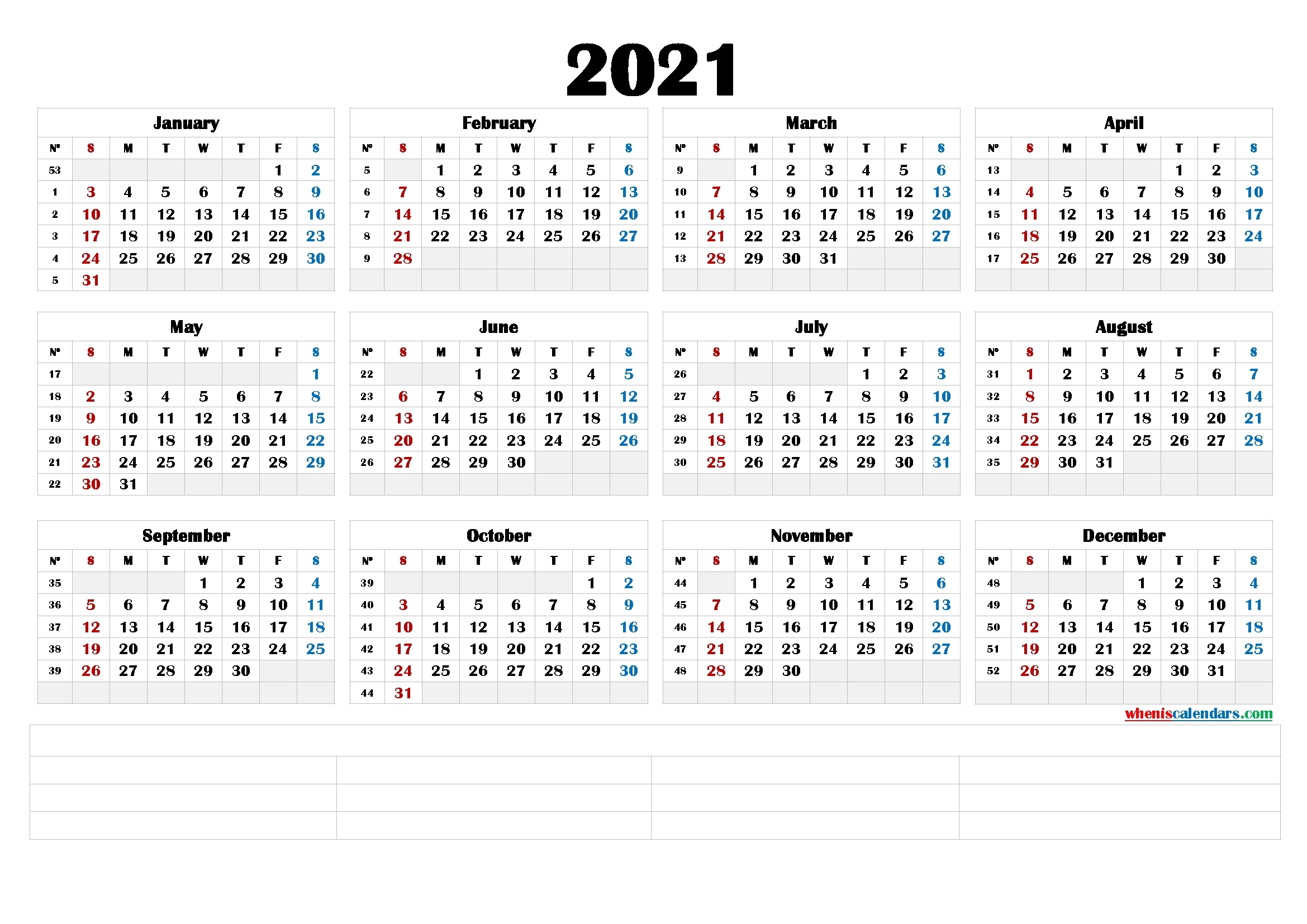 2021 Printable Yearly Calendar With Week Numbers (6