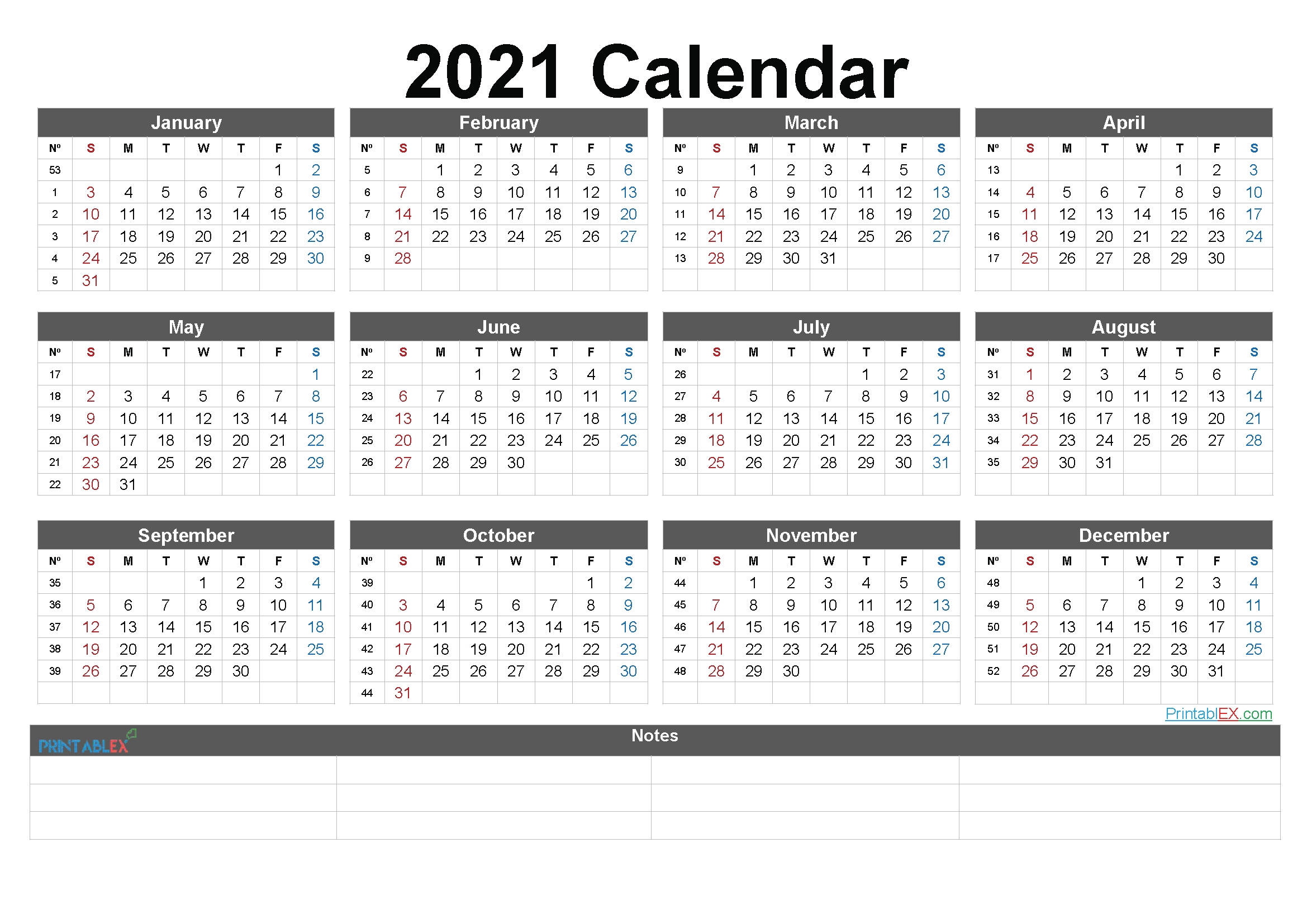 2021 Printable Yearly Calendar With Week Numbers – Free