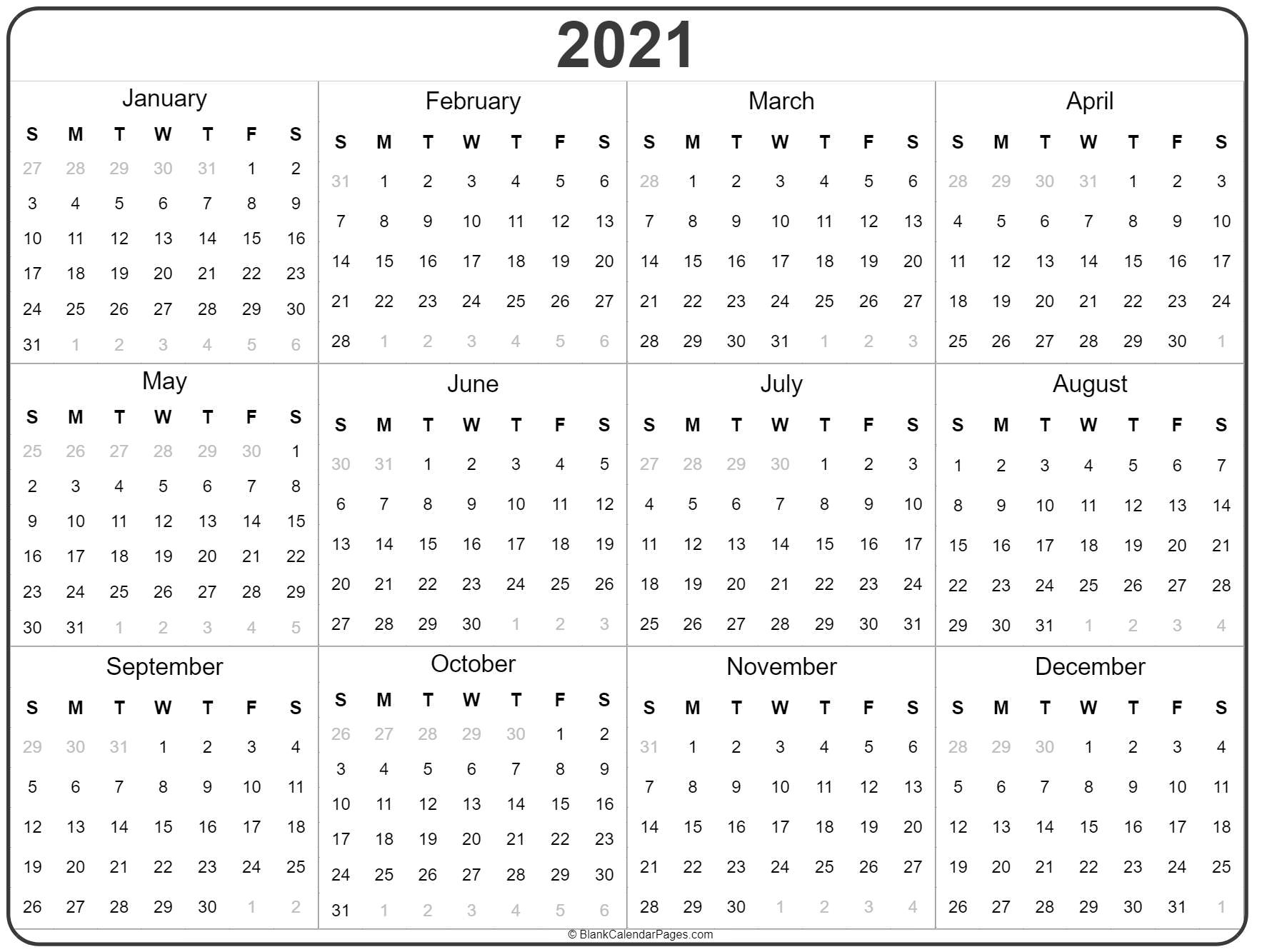 2021 Year Calendar | Yearly Printable