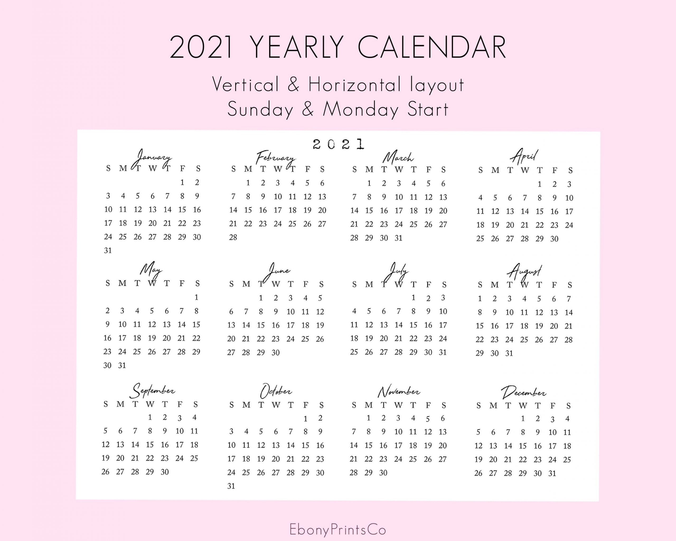 2021 Yearly Calendar 12 Month Overview Printable 2021 | Etsy