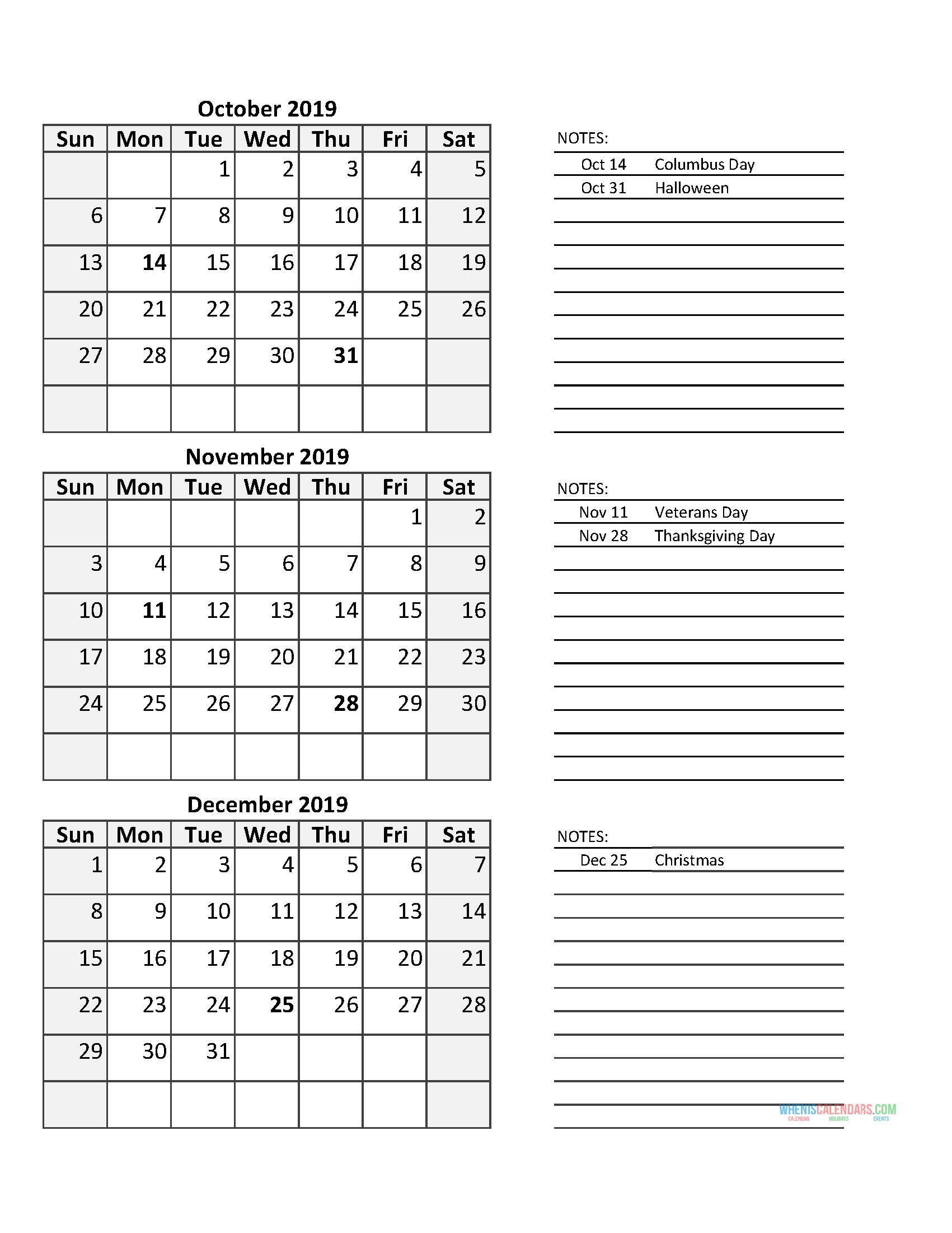 3 Month Calendar 2019 Quarterly Calendar Fourth Quarter 2019