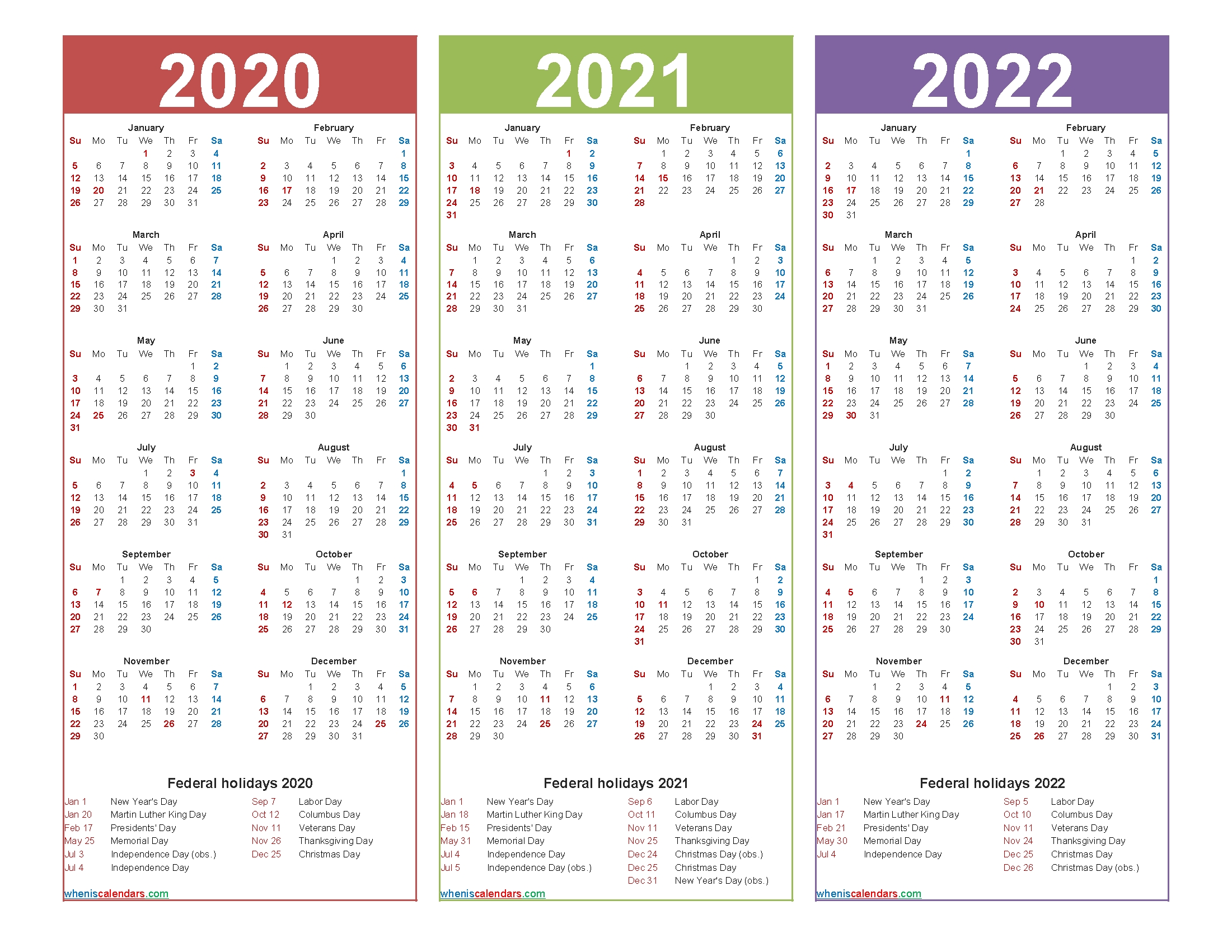 3 Year Calendar 2020 To 2022 Calendar With Holidays