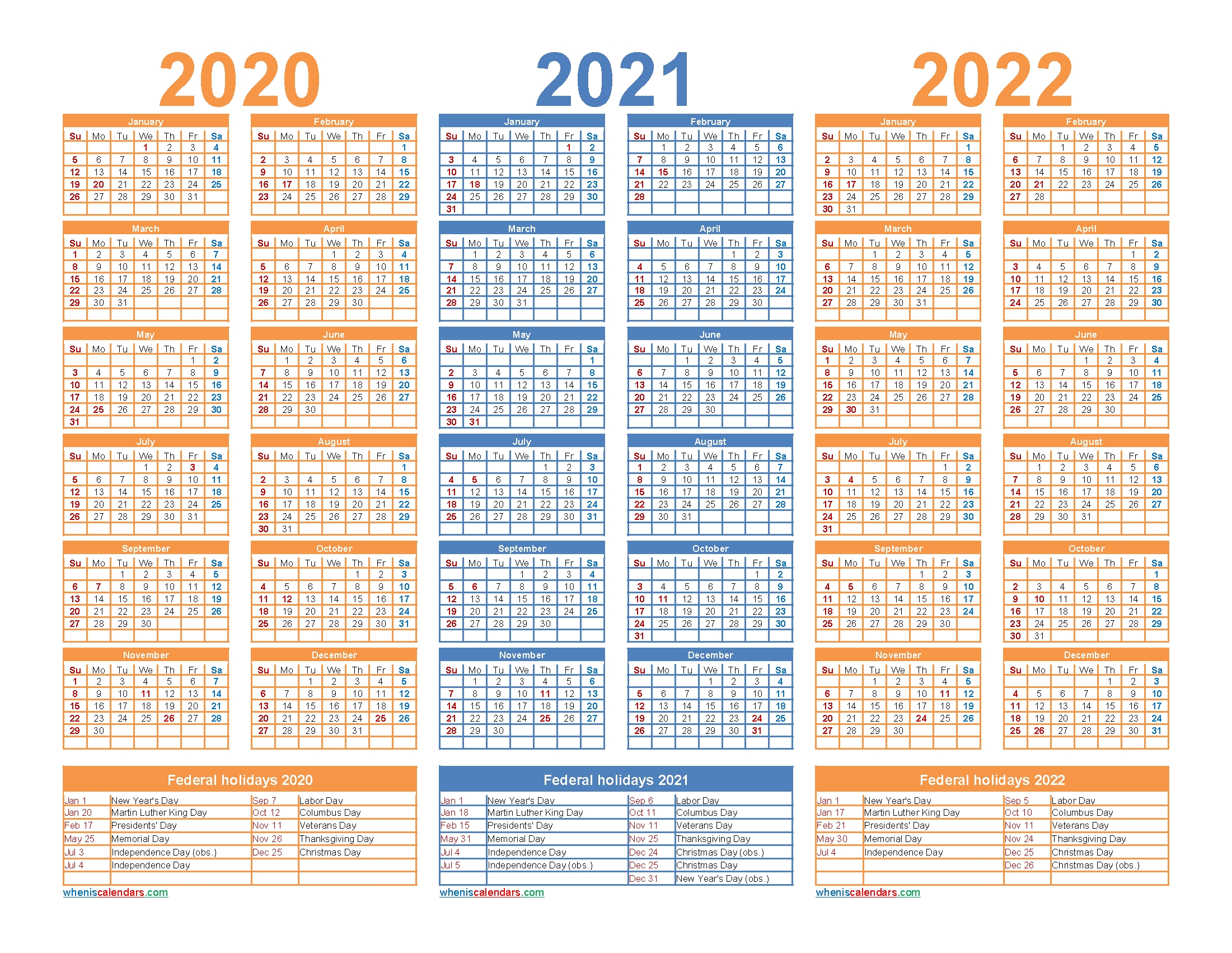 3 Year Calendar 2020 To 2022 Printable – Free 2020 And 2021