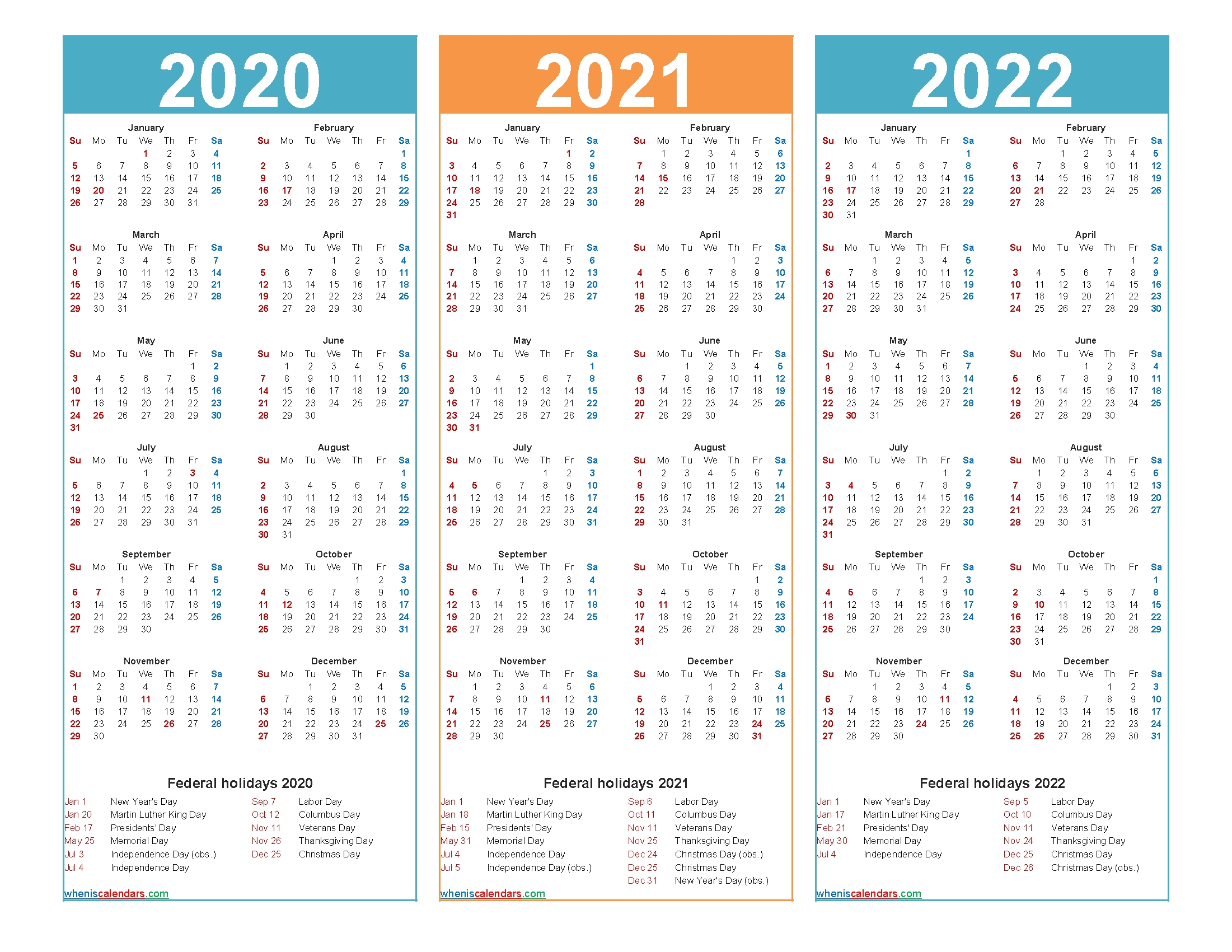 3 Year Calendar 2020 To 2022 Printable – Free 2020 And 2021