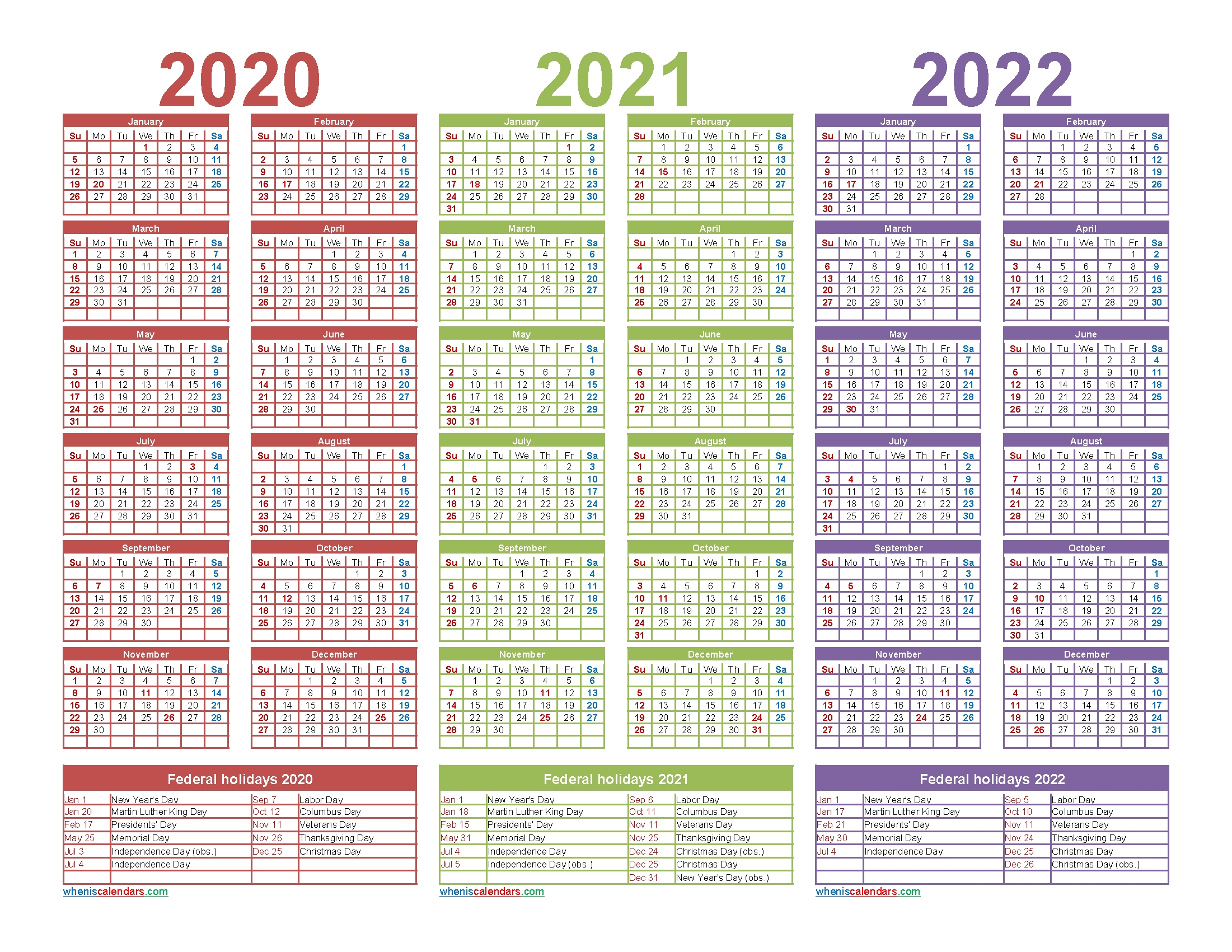 3 Year Calendar 2020 To 2022 Printable – Free 2020 And 2021