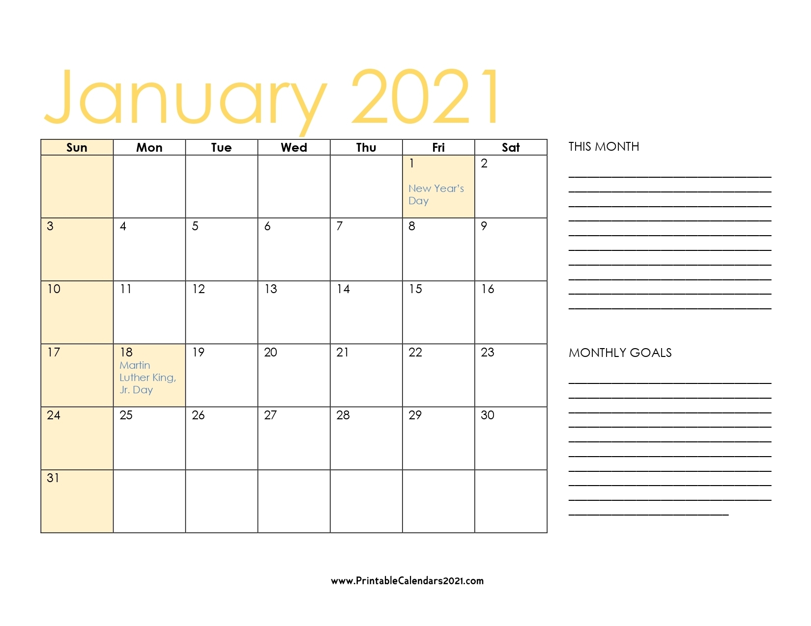 65+ January 2021 Calendar Printable, January 2021 Calendar