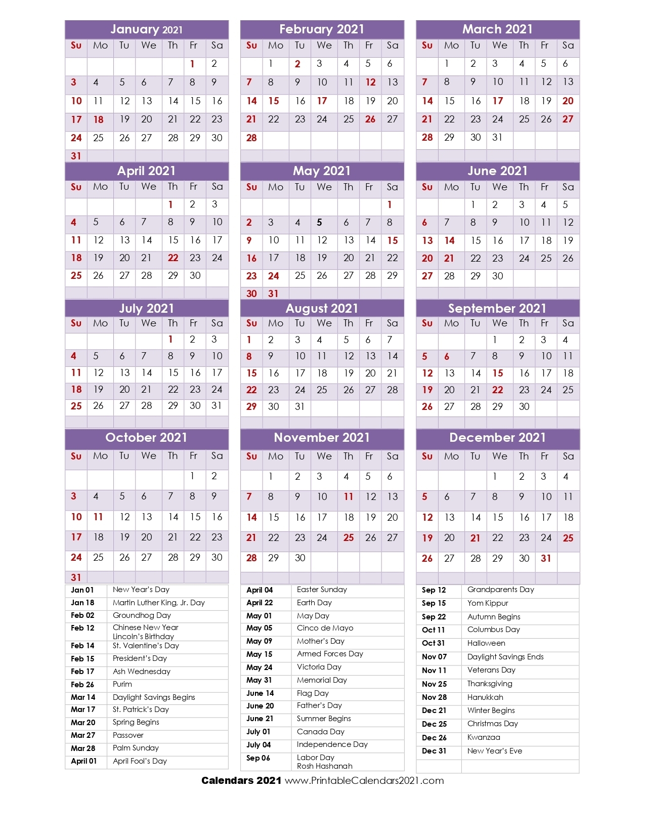 68+ Printable 2021 Yearly Calendar With Holidays, Portrait