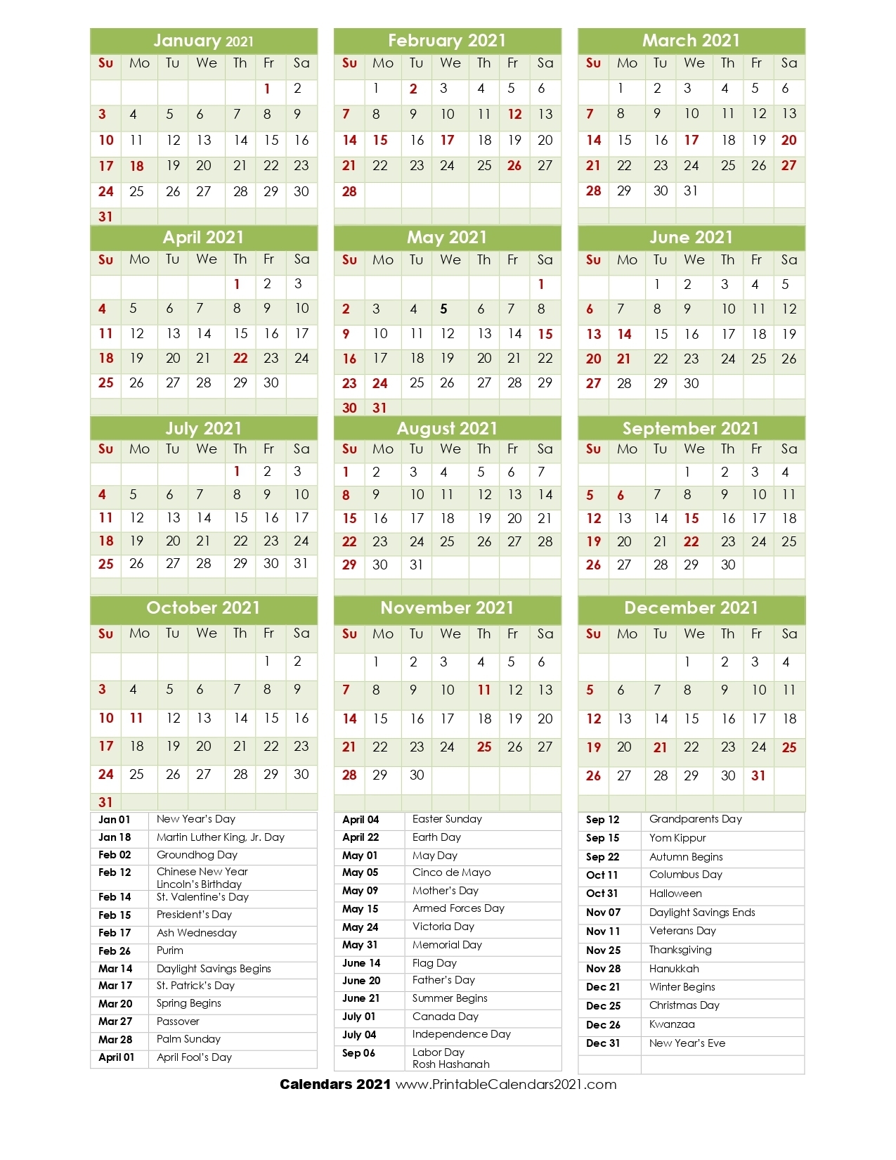 68+ Printable 2021 Yearly Calendar With Holidays, Portrait