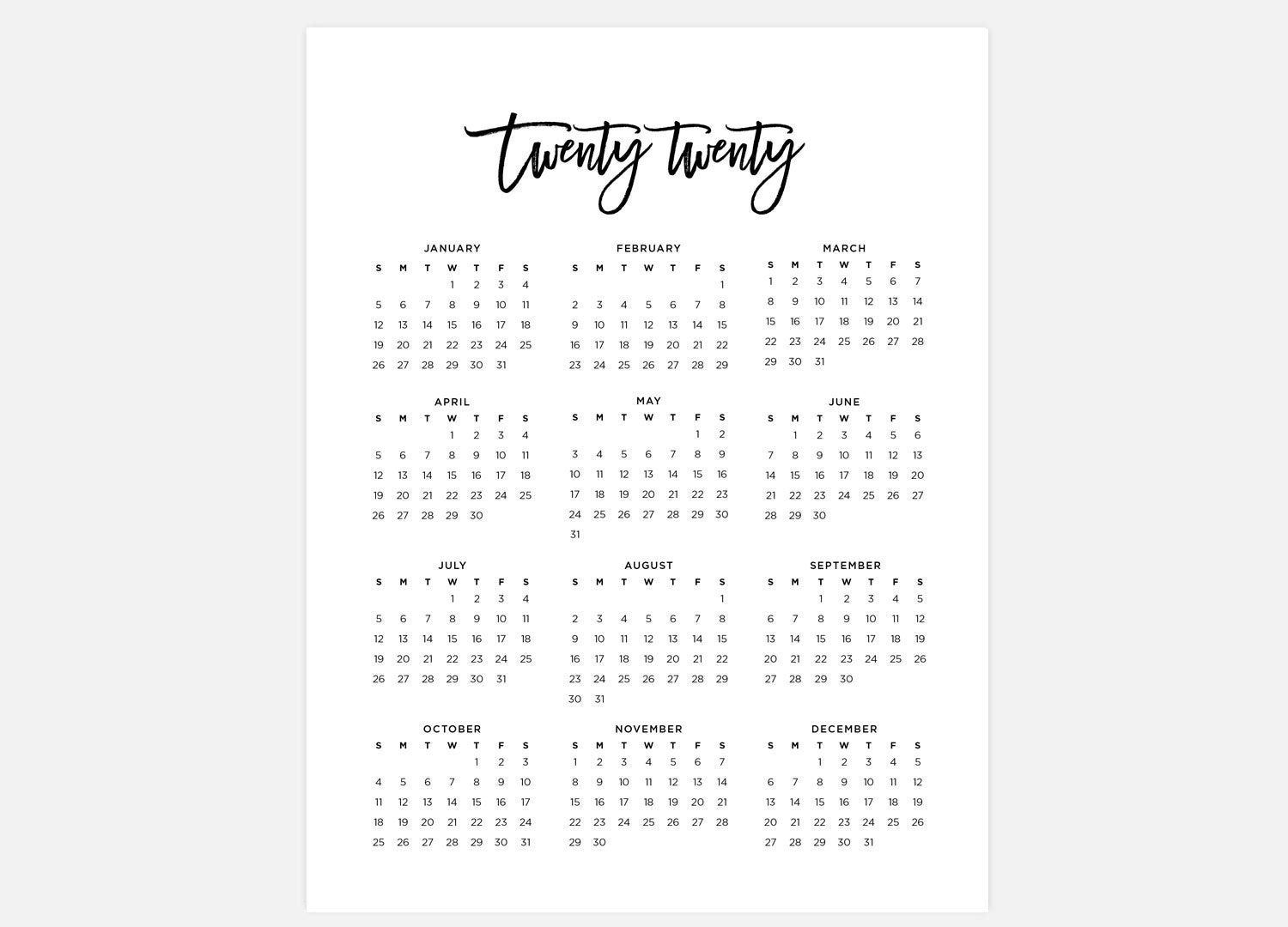 8.5X11 Printable 2020 Calendar Simple Calendar 2020 Year