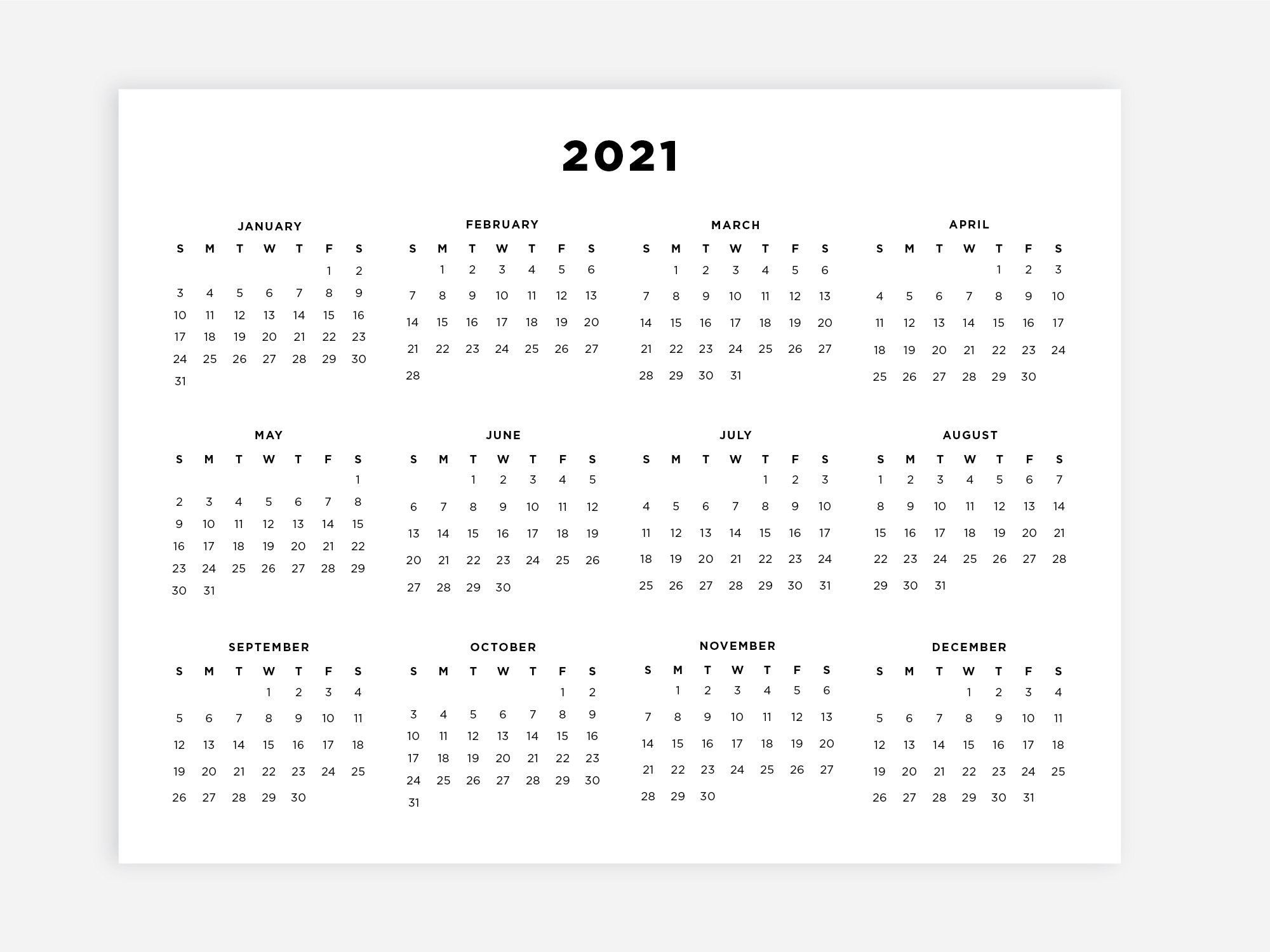 8.5X11 Printable 2021 Calendar, Letter Calendar, 2021 Year