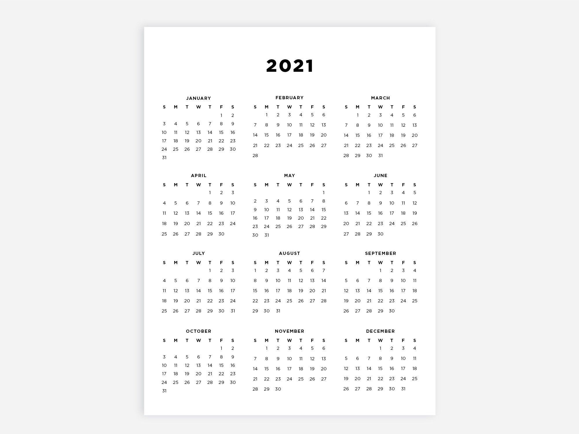 8.5X11 Printable Calendar 2021 Letter Calendar 2021 Year