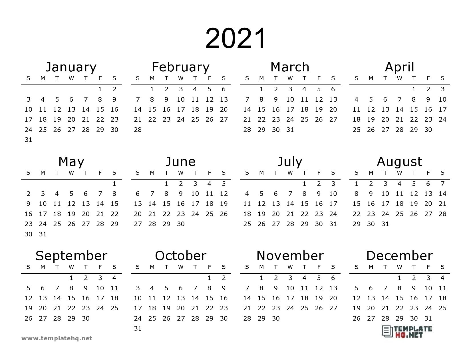 8.5X11 Printable Calendar 2021, Letter Calendar, 2021 Year