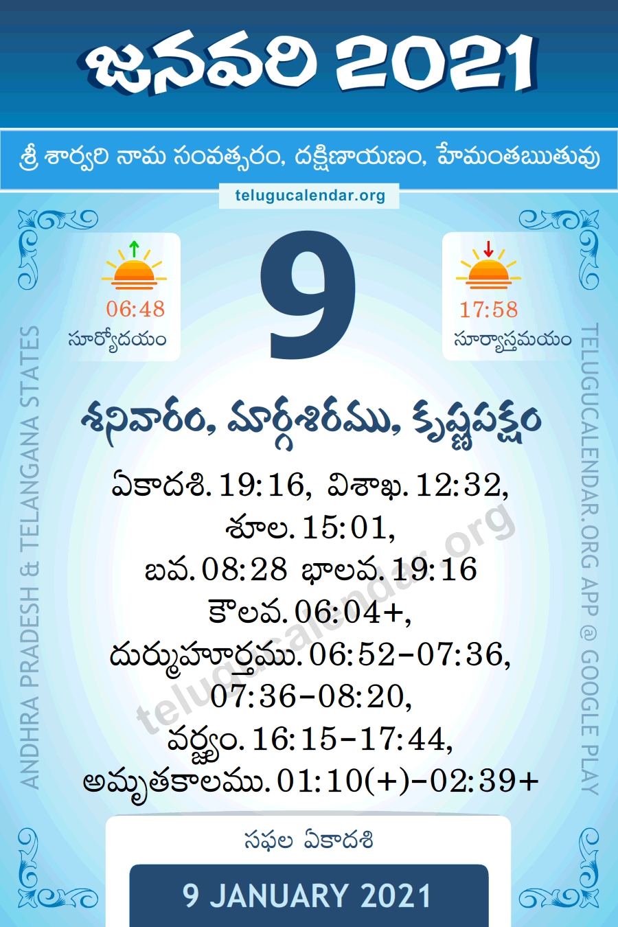 9 January 2021 Panchangam Daily In Telugu