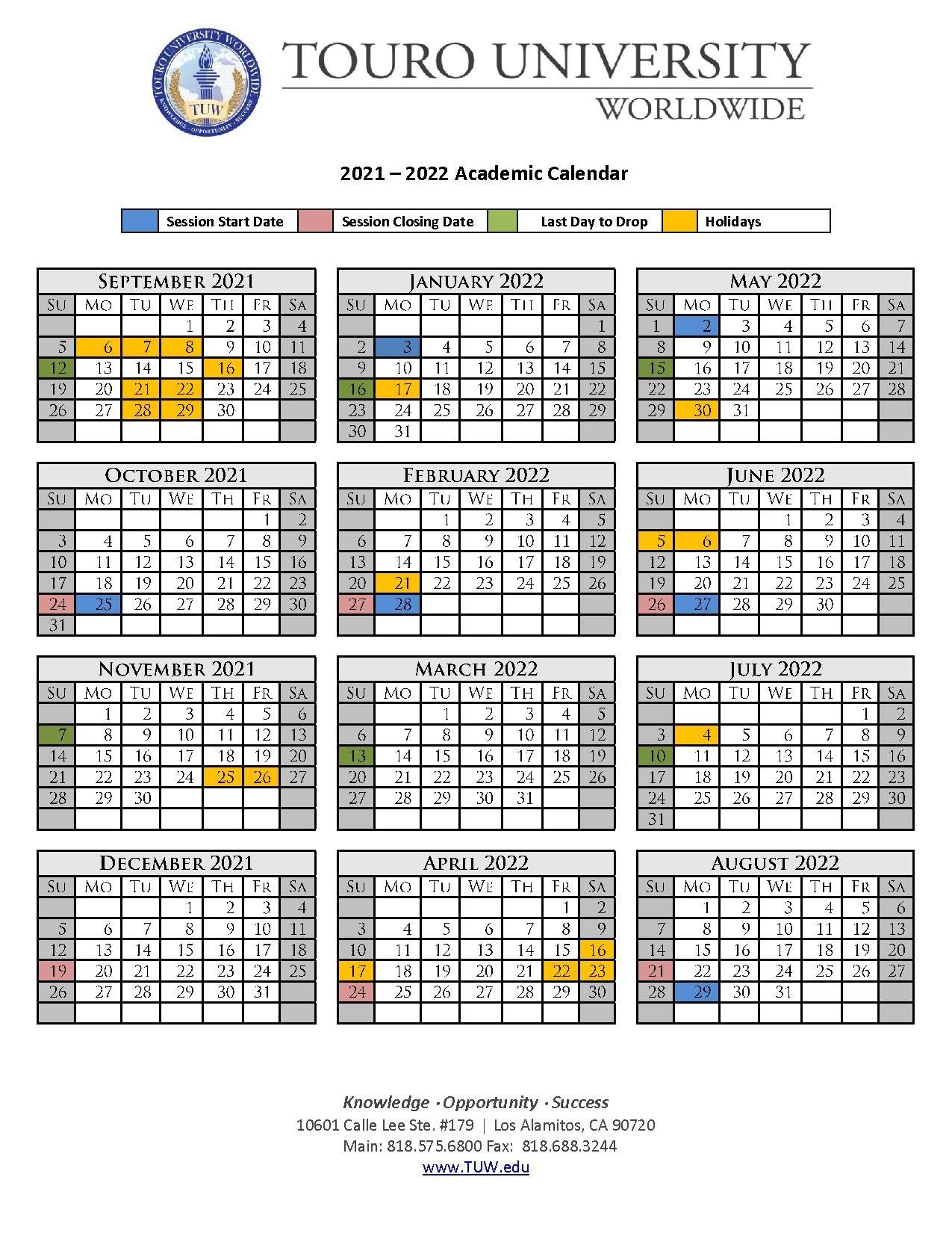 Academic Calendar | Touro University Worldwide