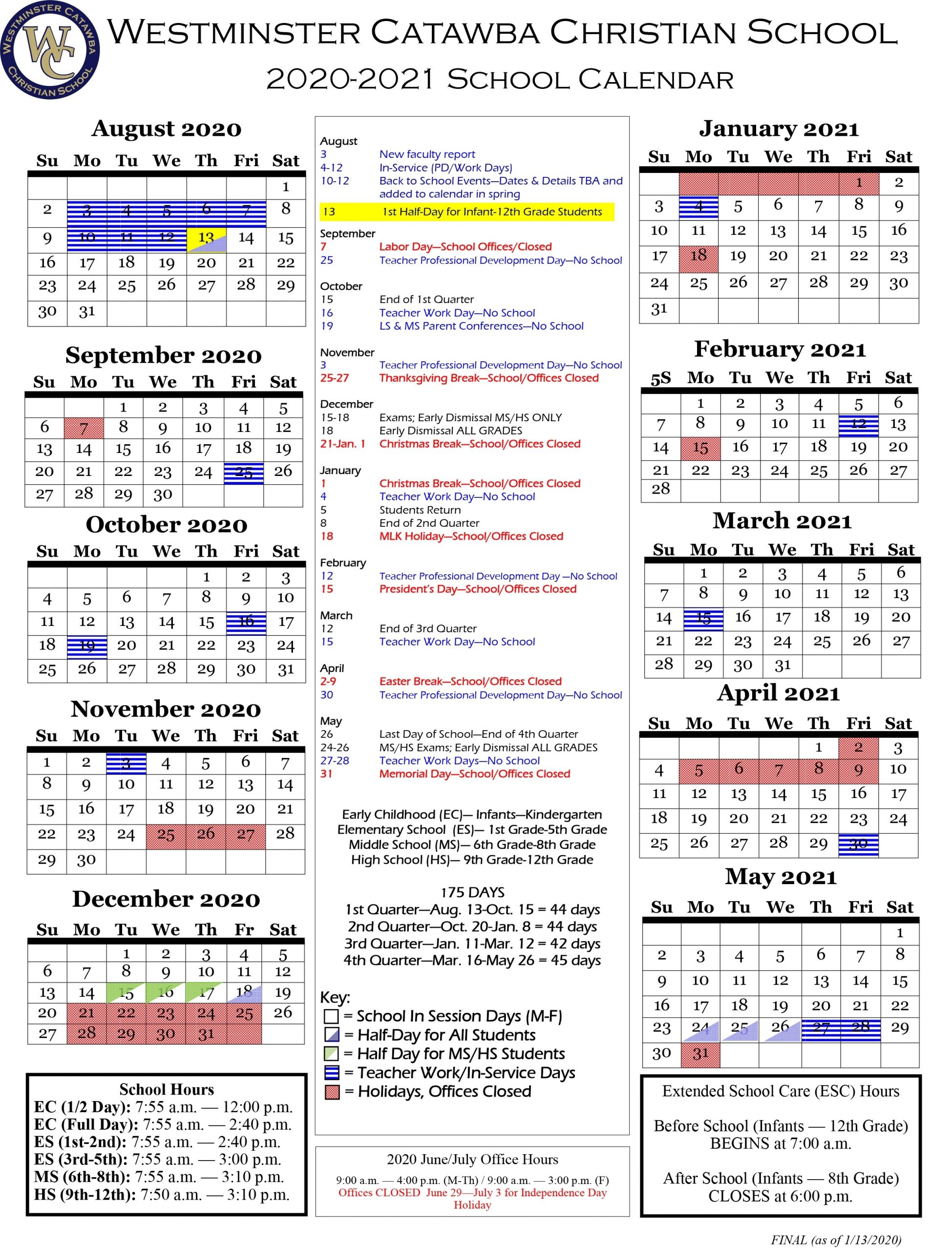 Academic Calendar - Westminster Catawba Christian School