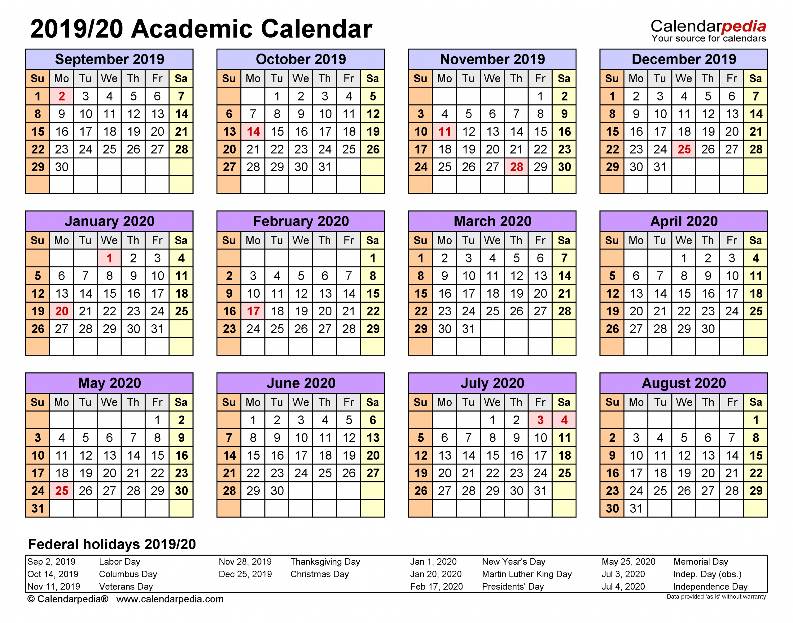 Academic Calendars 2019/2020 - Free Printable Word Templates