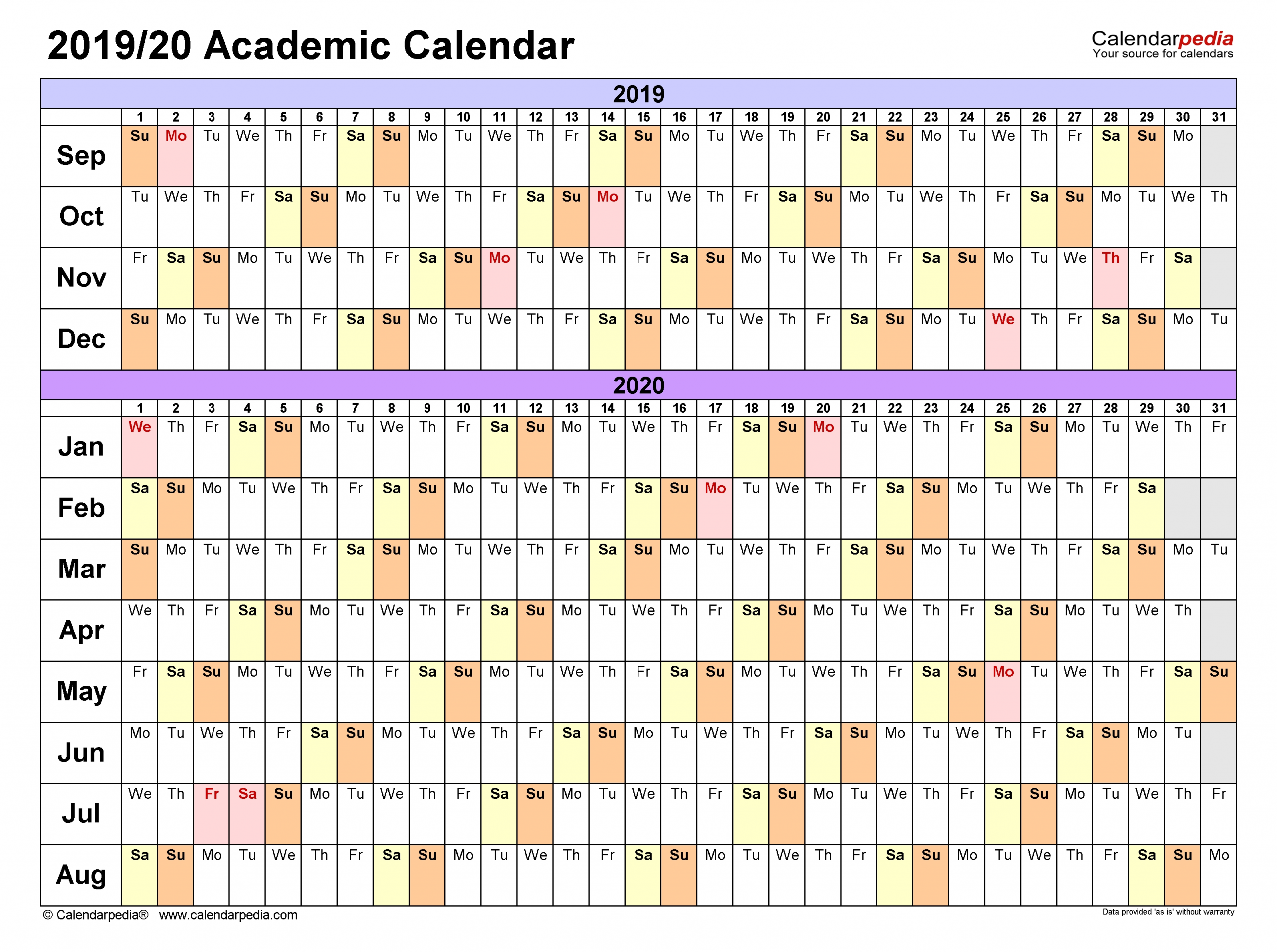 Academic Calendars 2019/2020 - Free Printable Word Templates