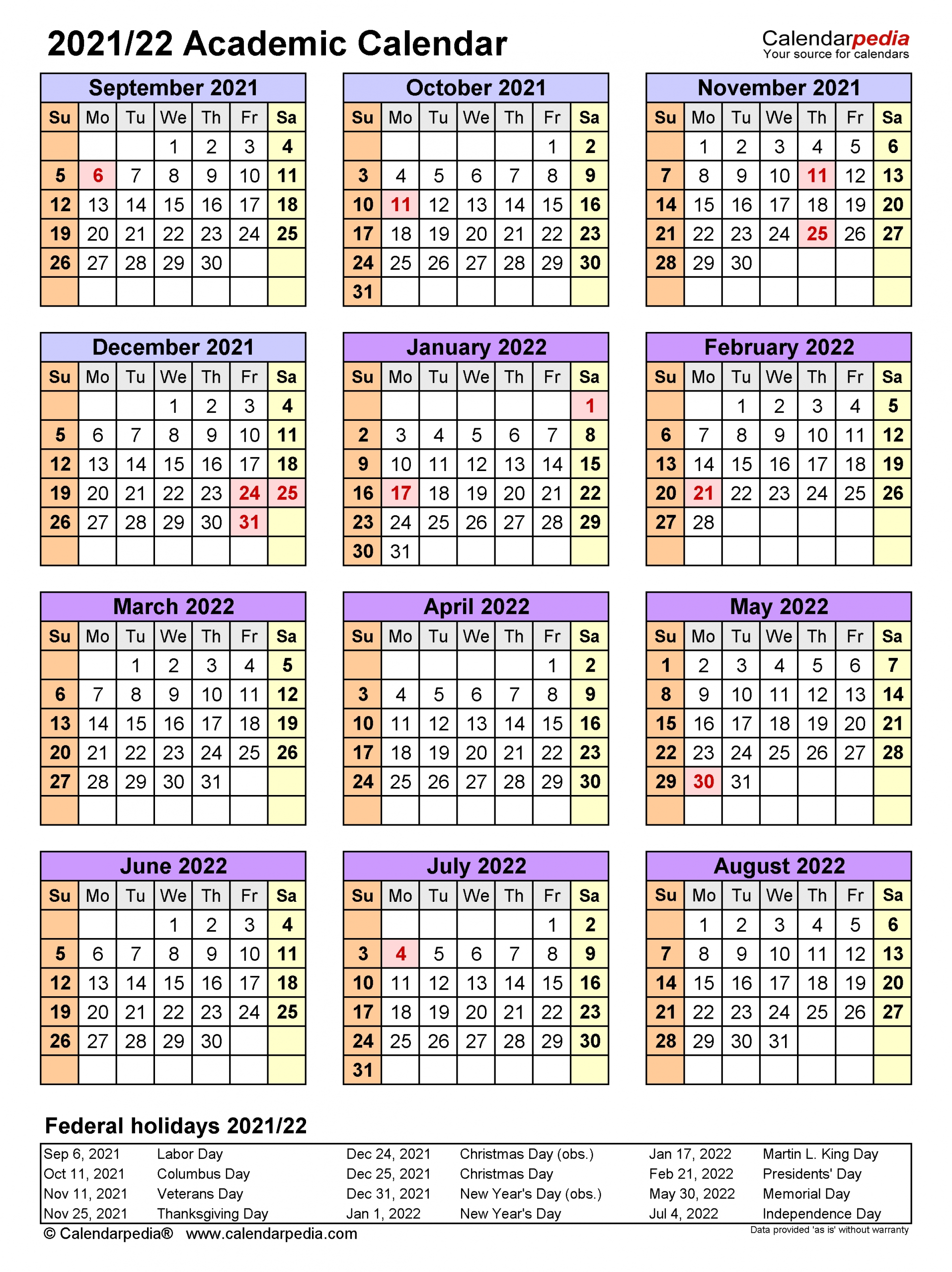 Academic Calendars 2021/2022 - Free Printable Word Templates