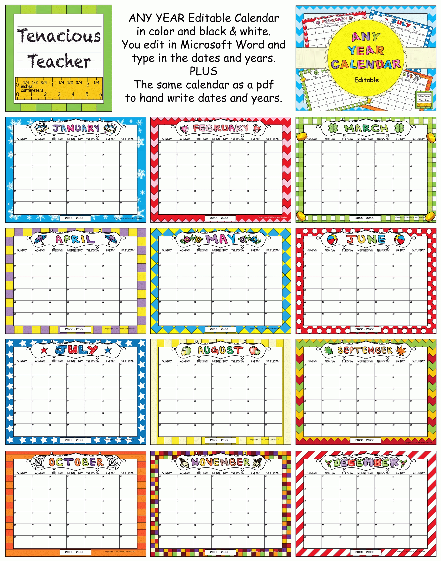 Any Year Editable Calendar | School Activities, Editable