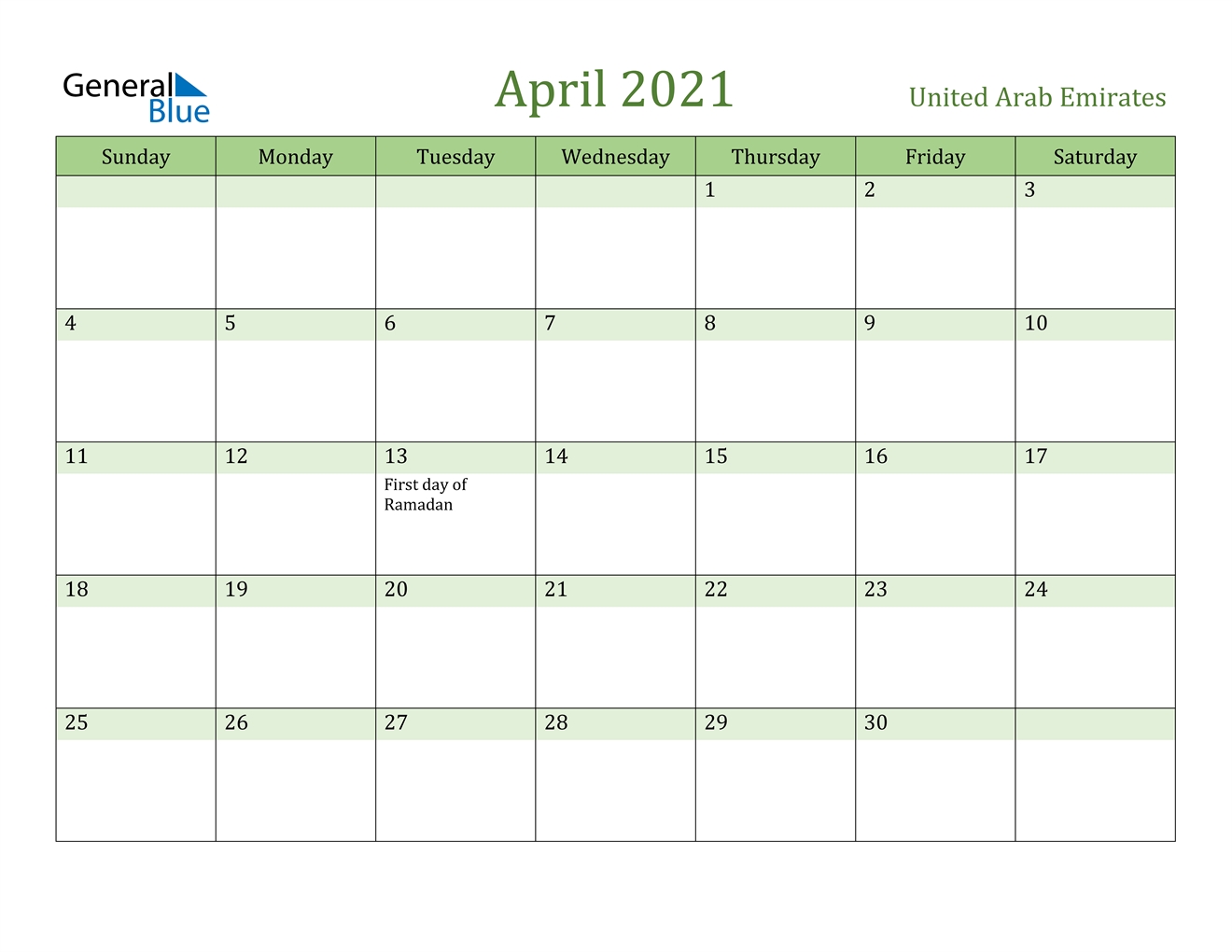 April 2021 Calendar - United Arab Emirates