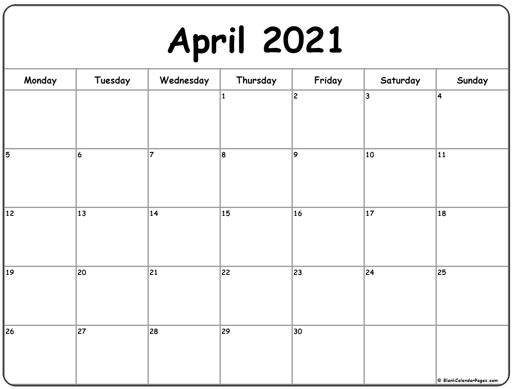 April 2021 Monday Calendar | Monday To Sunday