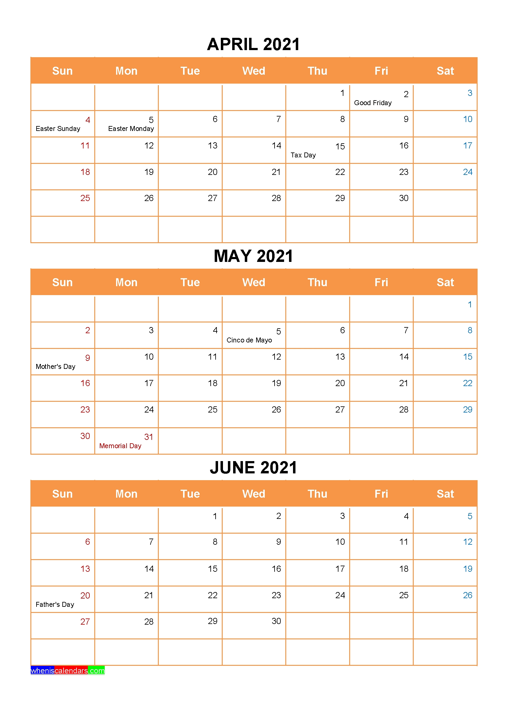 April May June 2021 Calendar With Holidays Printable [Four