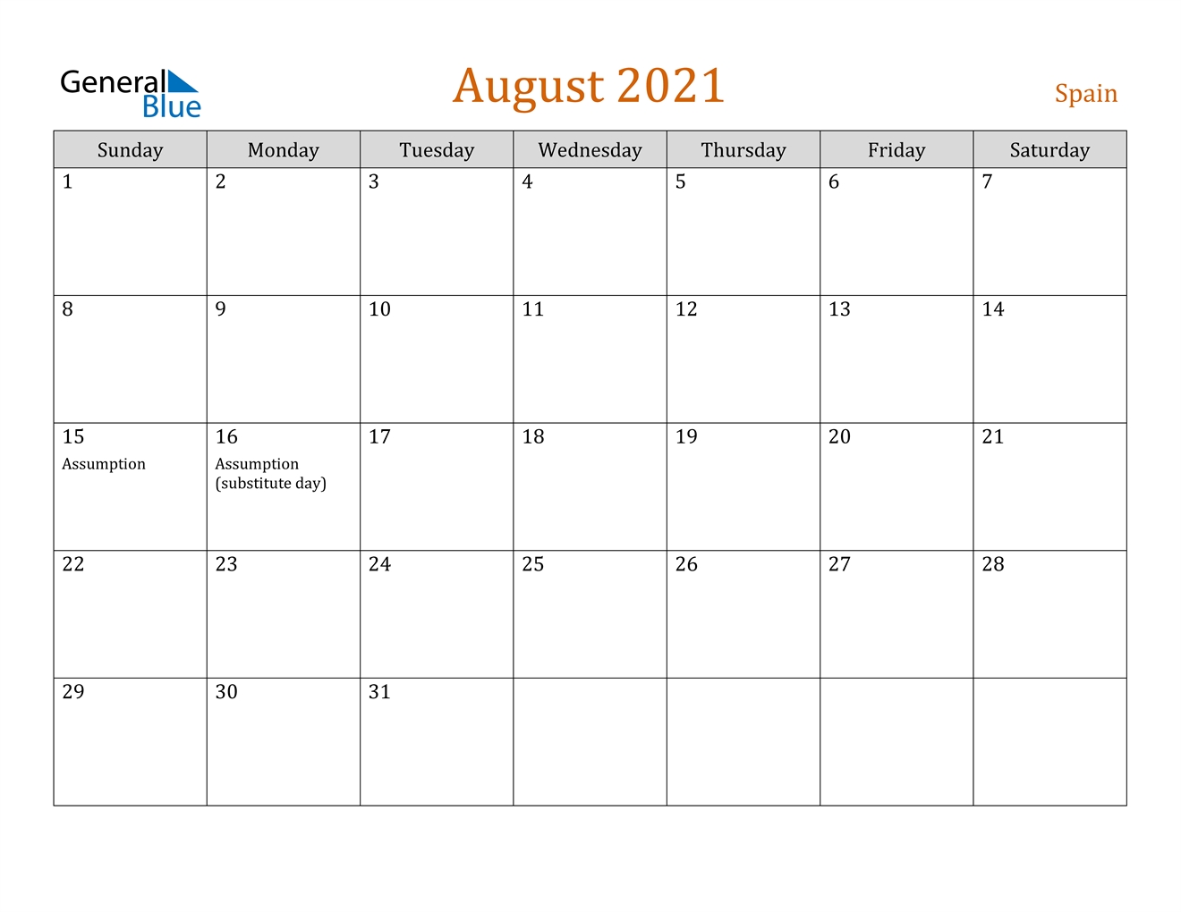 August 2021 Calendar - Spain