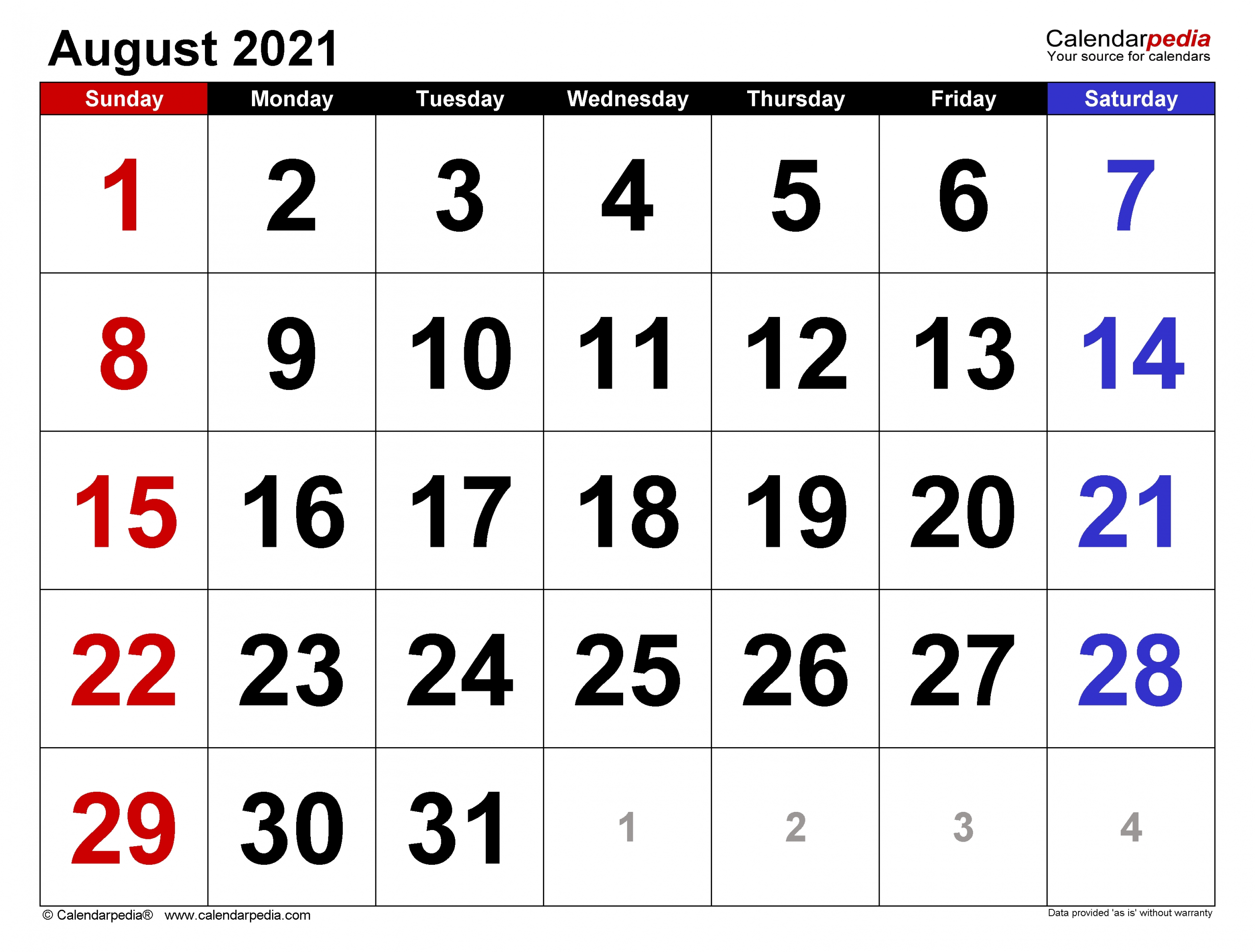 August 2021 Calendar | Templates For Word, Excel And Pdf