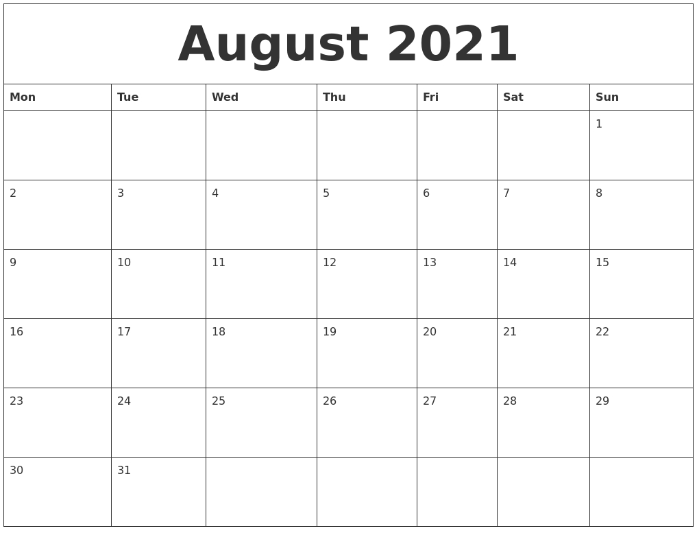 August 2021 Editable Calendar Template