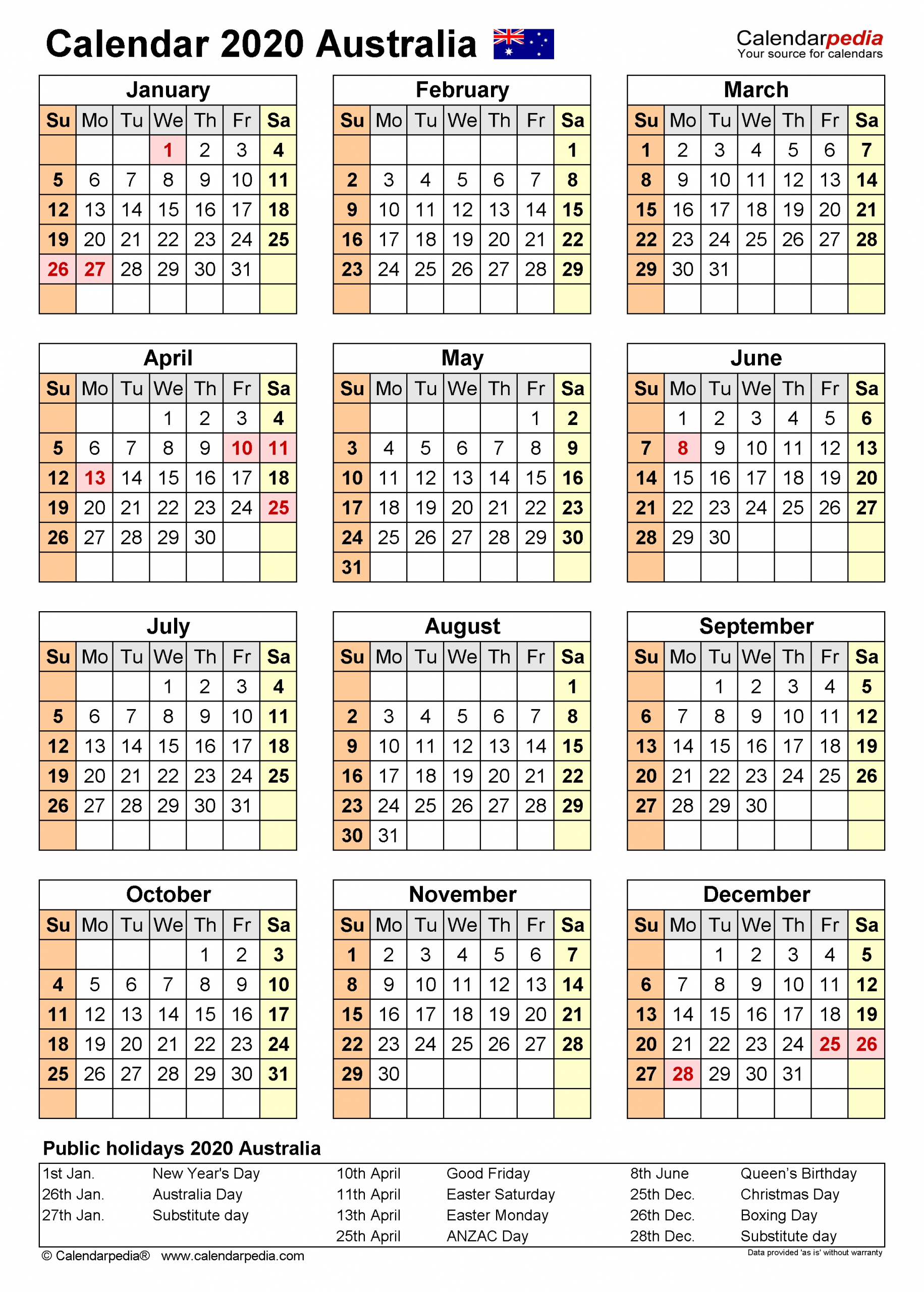 Australia Calendar 2020 - Free Printable Word Templates